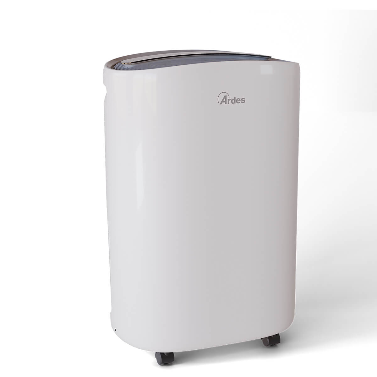 Biały, cylindryczny osuszacz z logo 'Ardes'. Ma małe kółka na dole.