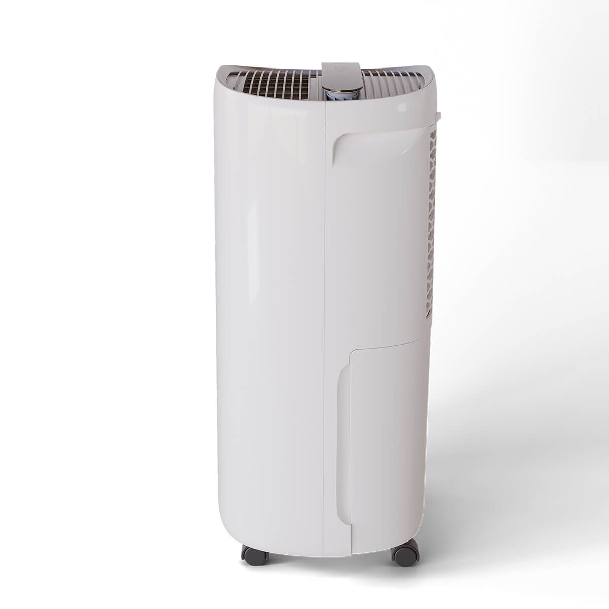 Biały oczyszczacz powietrza. Tył i bok urządzenia widoczne na białym tle.