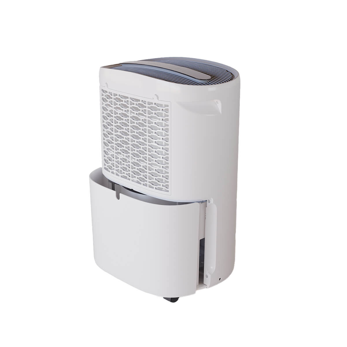 Biały osuszacz z kratką i komorą na wodę. Górna część ma otwory wentylacyjne.