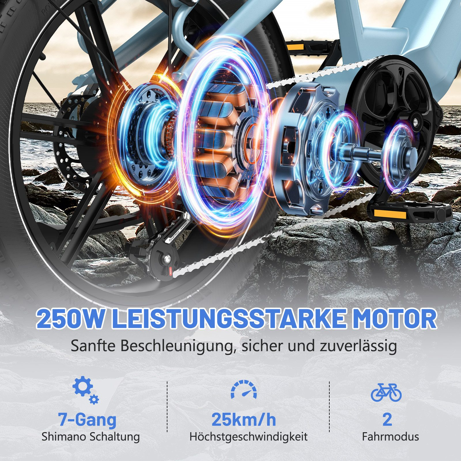 Ein Elektrofahrrad mit Motor- und Geschwindigkeitsinformationen.