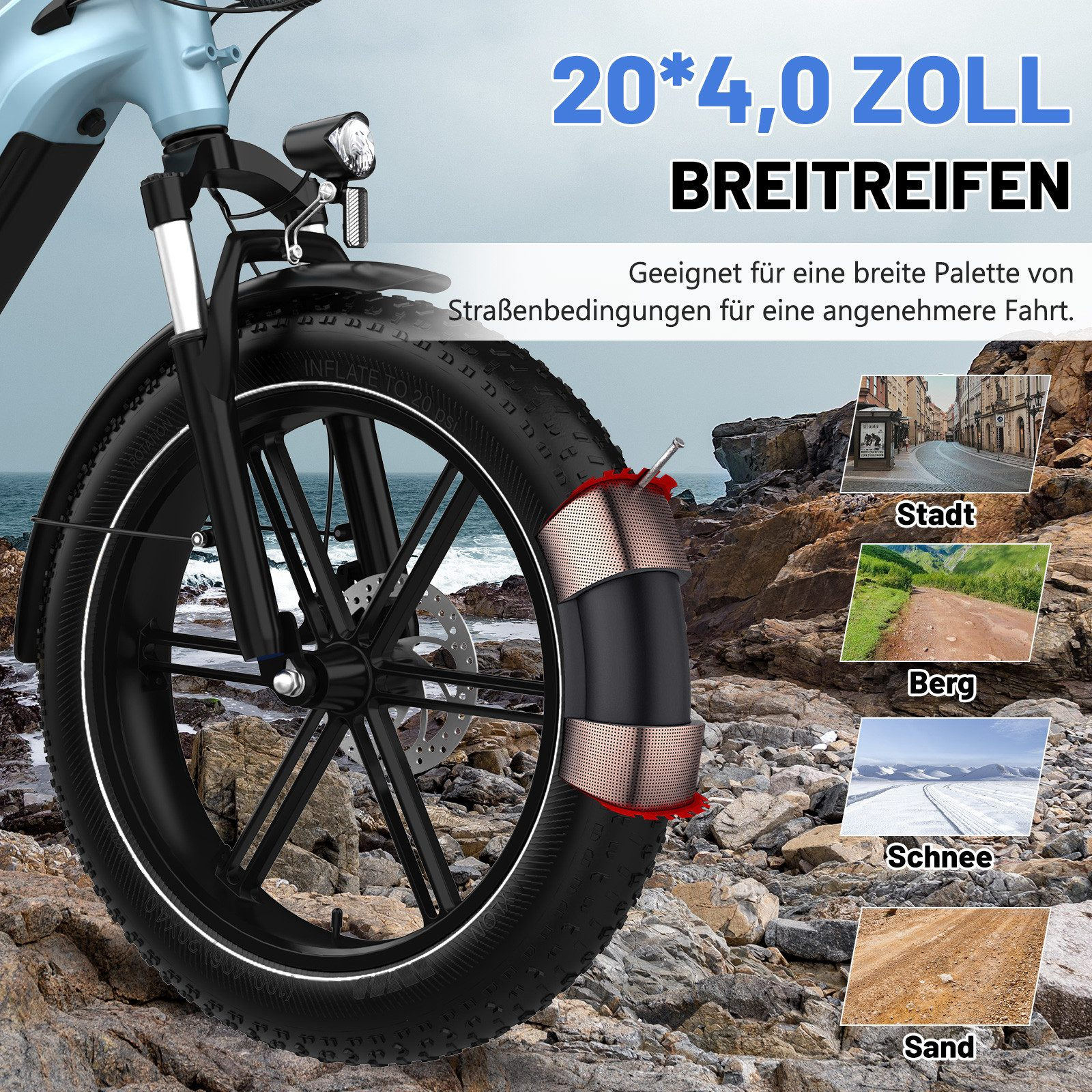 Nahaufnahme des Vorderrads eines Elektrofahrrads, das Reifendetails für verschiedene Terrains zeigt.