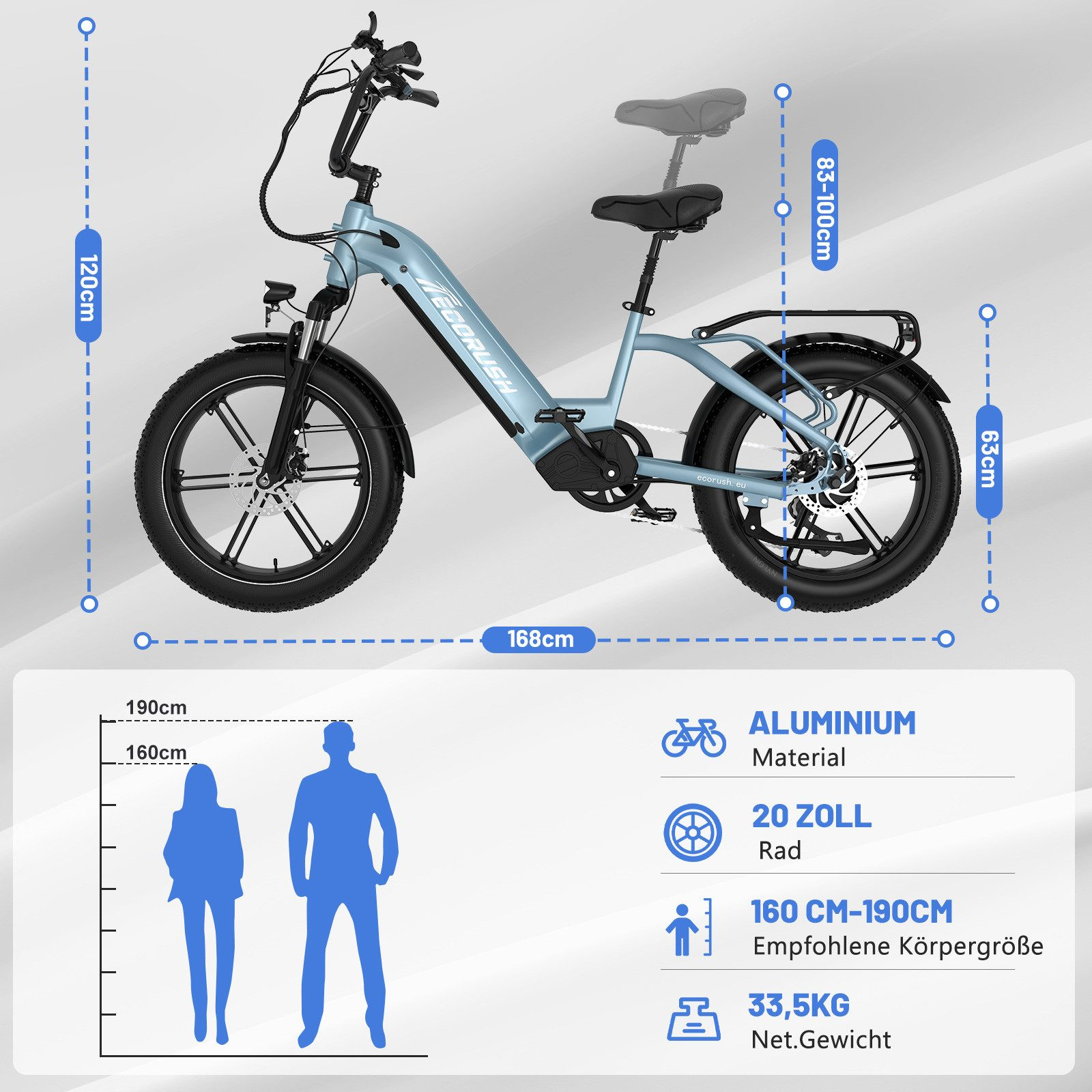 Ein Elektrofahrrad mit Abmessungen, Höhenangaben und Illustrationen von Personen zur Größenbestimmung.