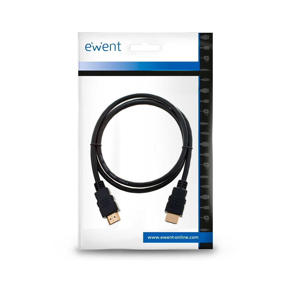 Cable HDMI en un paquete. El paquete es blanco con el nombre de la marca, los conectores son negros.