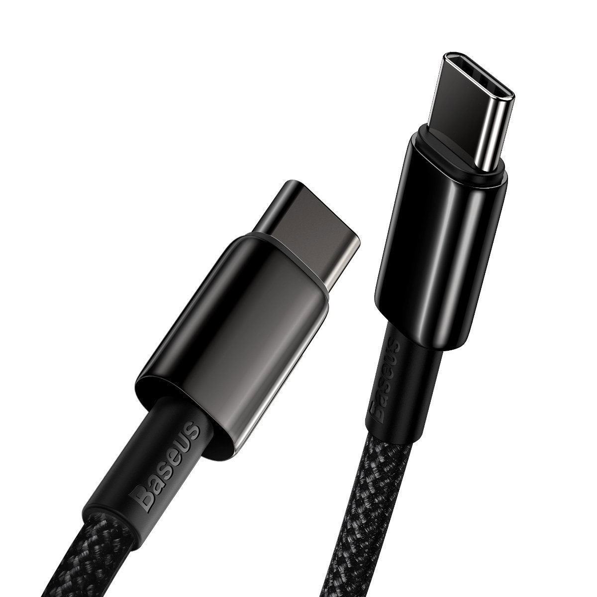 Two black USB-C cables with Baseus branding. Cables have a braided design and a black connector.