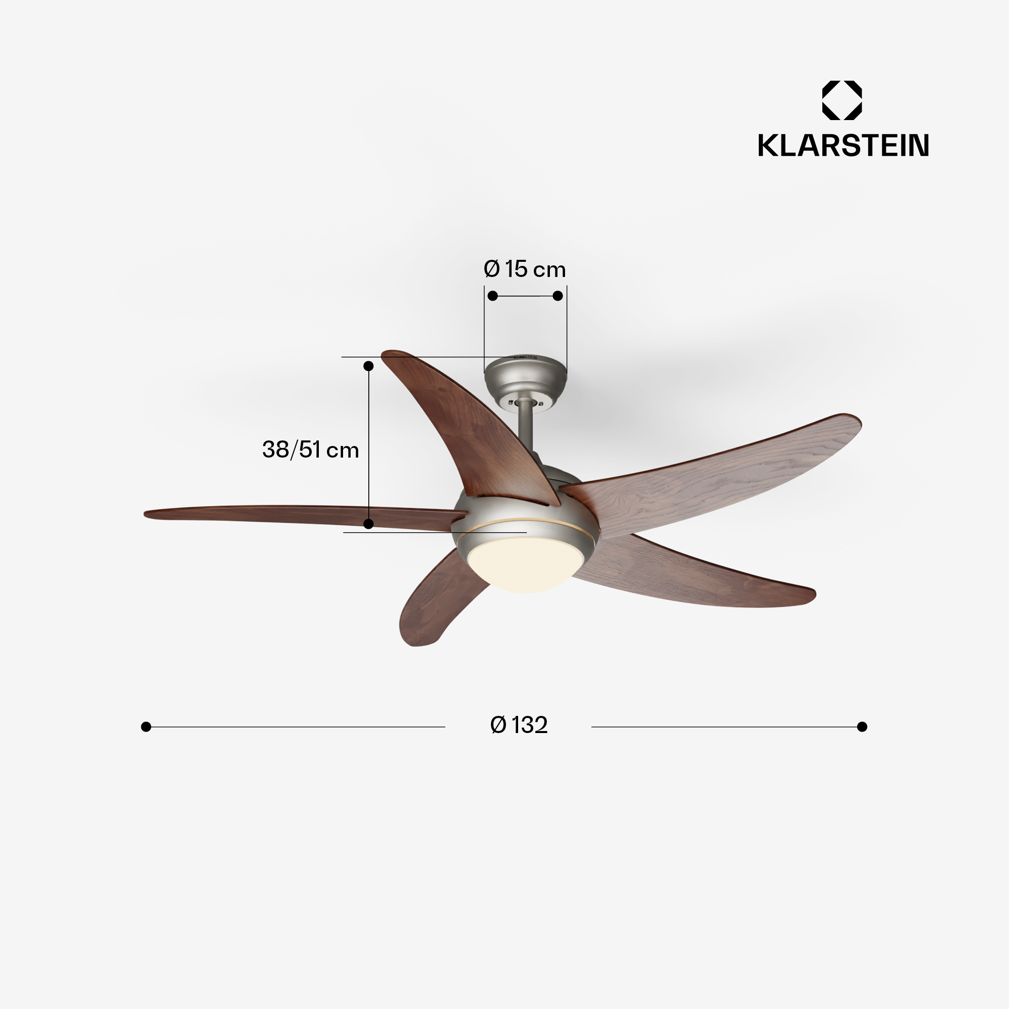Ventilatore da soffitto con pale in legno, centro argento e luce. Misure incluse.