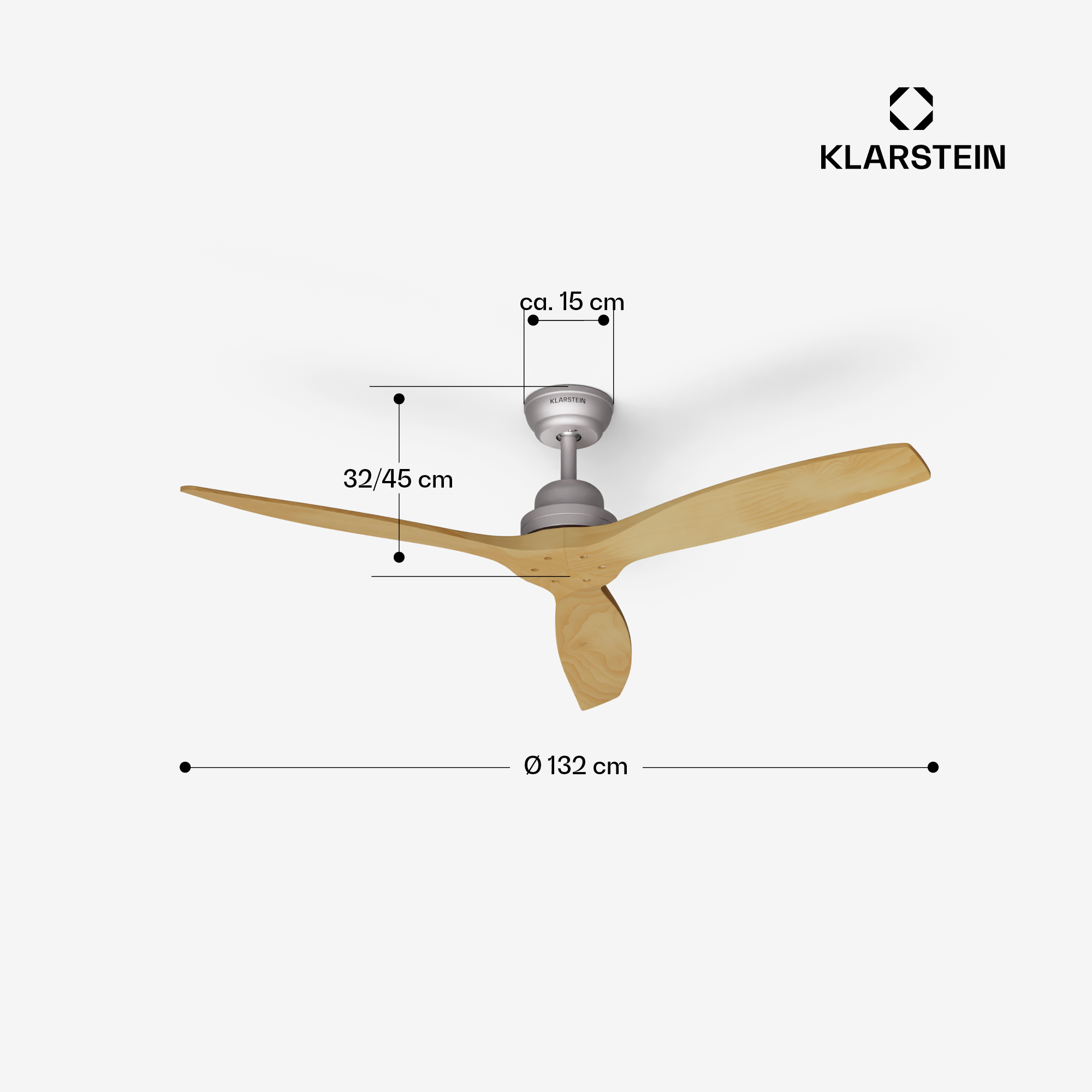 Deckenventilator mit Maßen. Silberne Basis, Holzflügel, freigestellt auf weiß. Marke: Klarstein.
