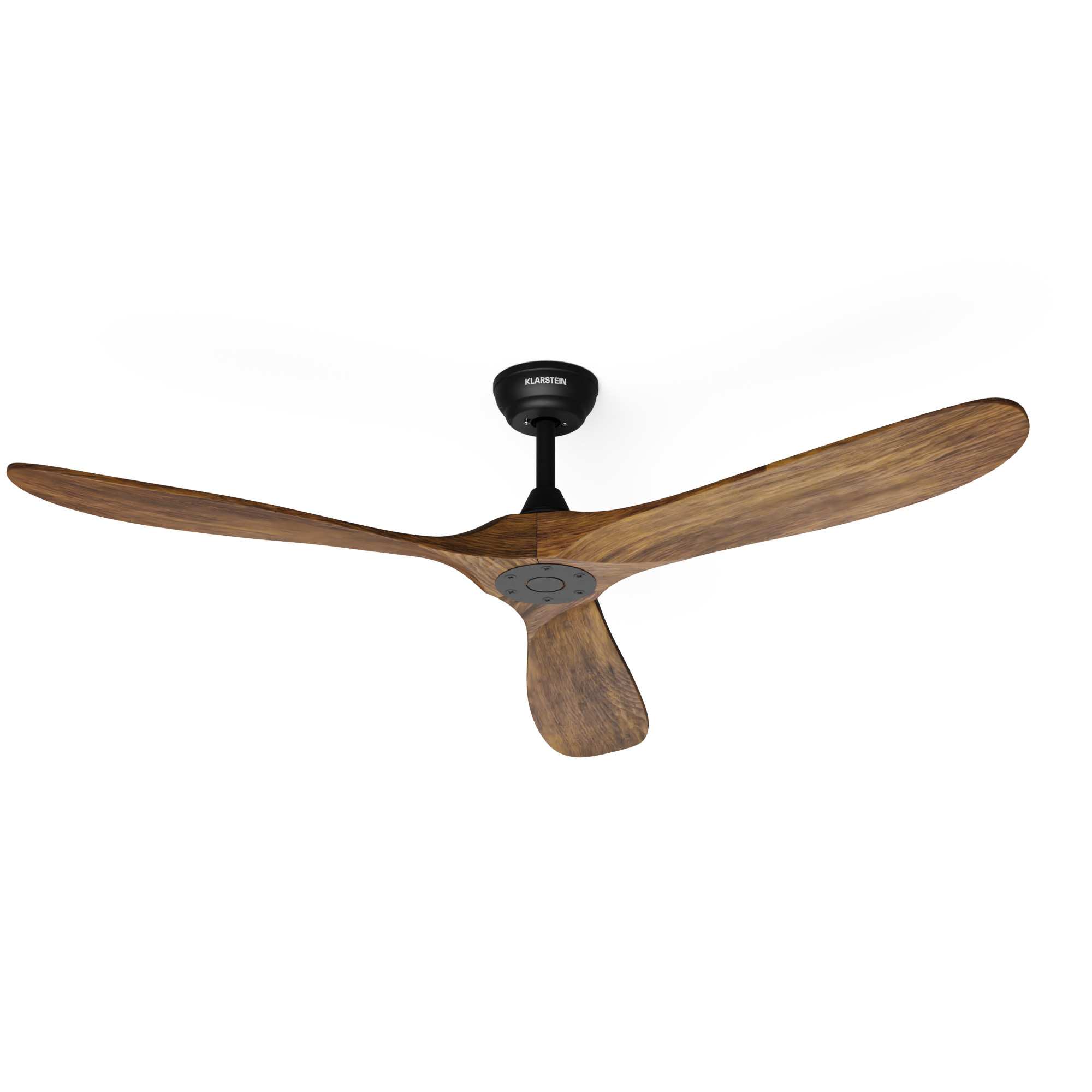 Ventilatore da soffitto con tre pale in legno e motore nero, sfondo bianco.