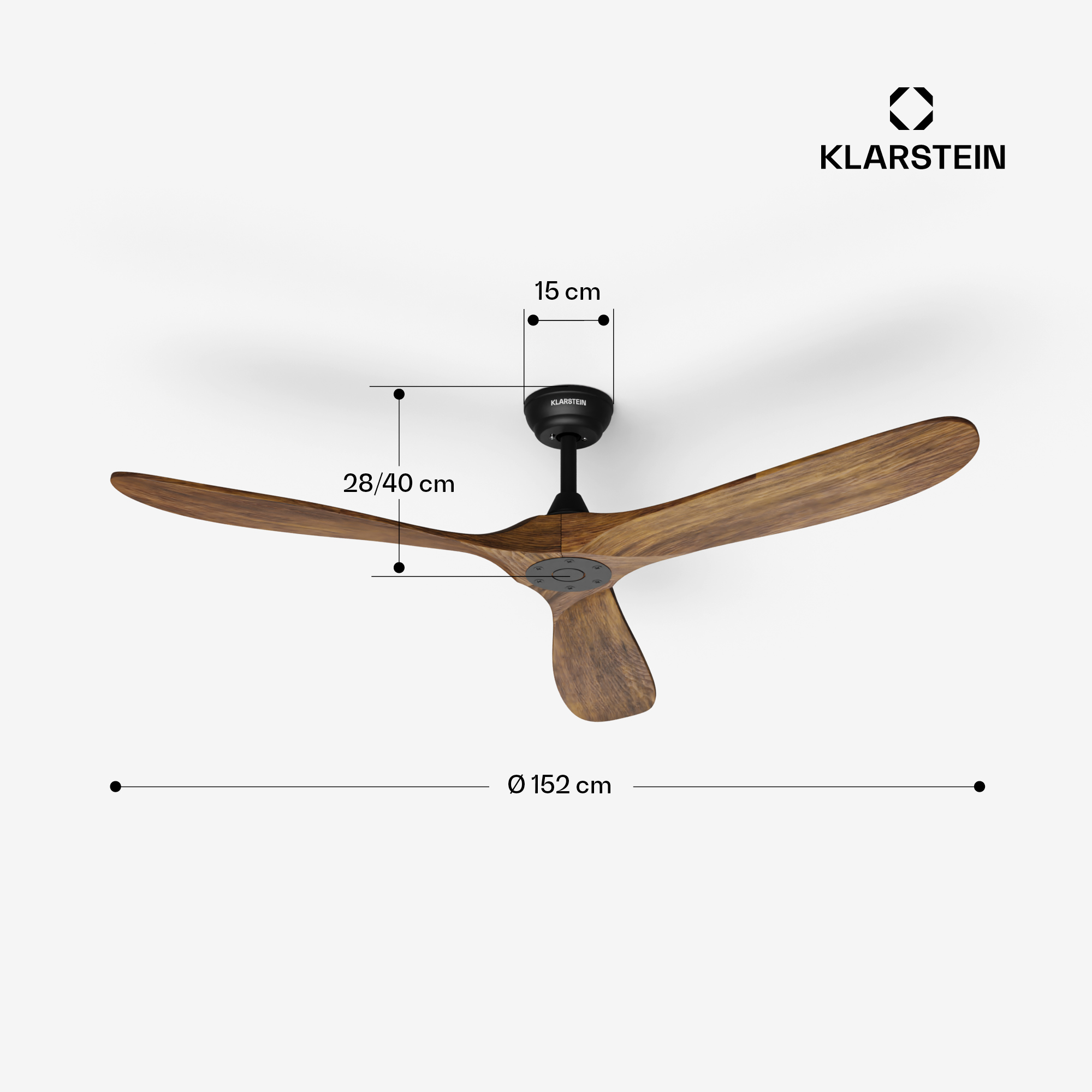 Ventilatore da soffitto con misure del diametro e della lunghezza delle pale, bianco.