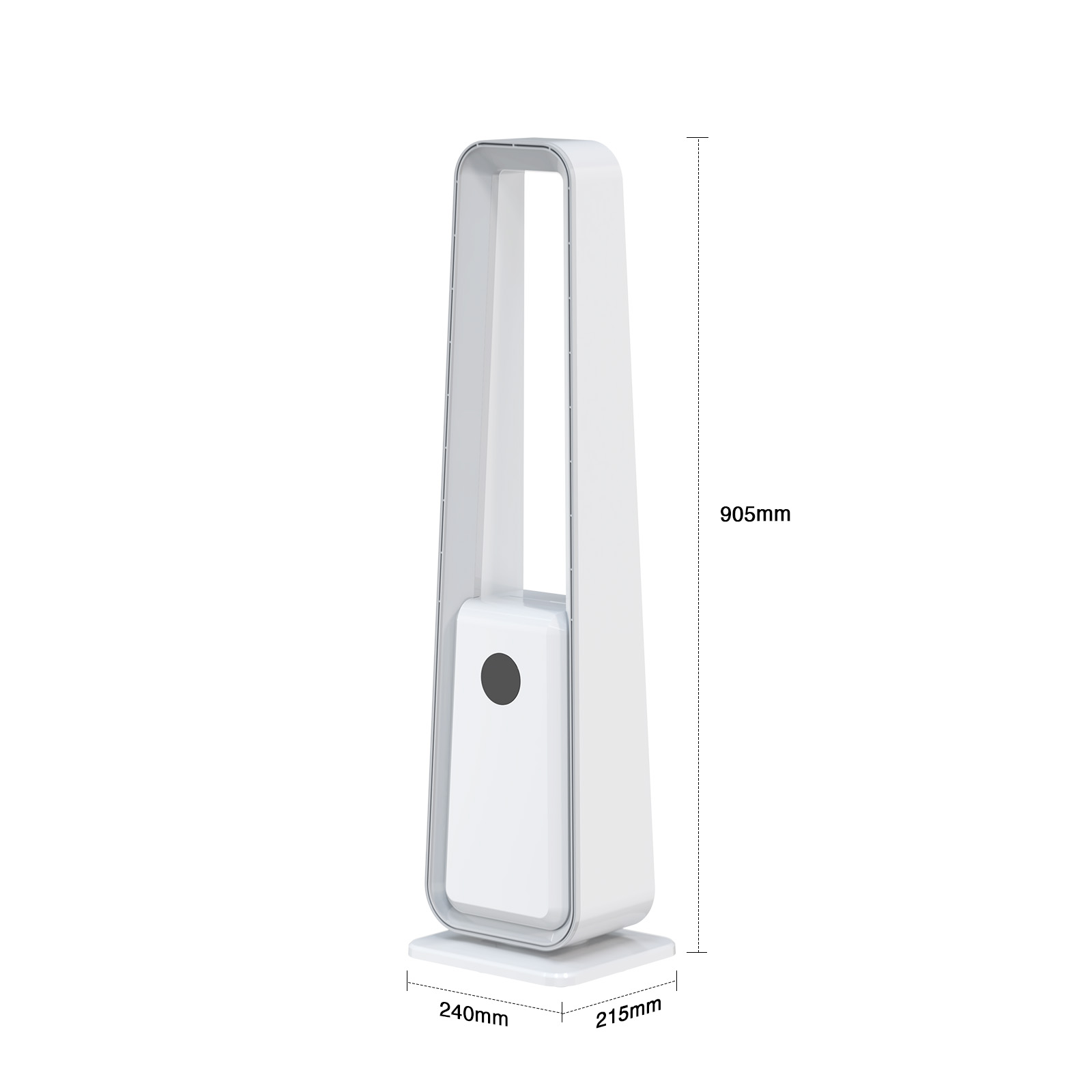 Ein weißer Turmventilator auf einer weißen Oberfläche. Abmessungen sind angegeben.