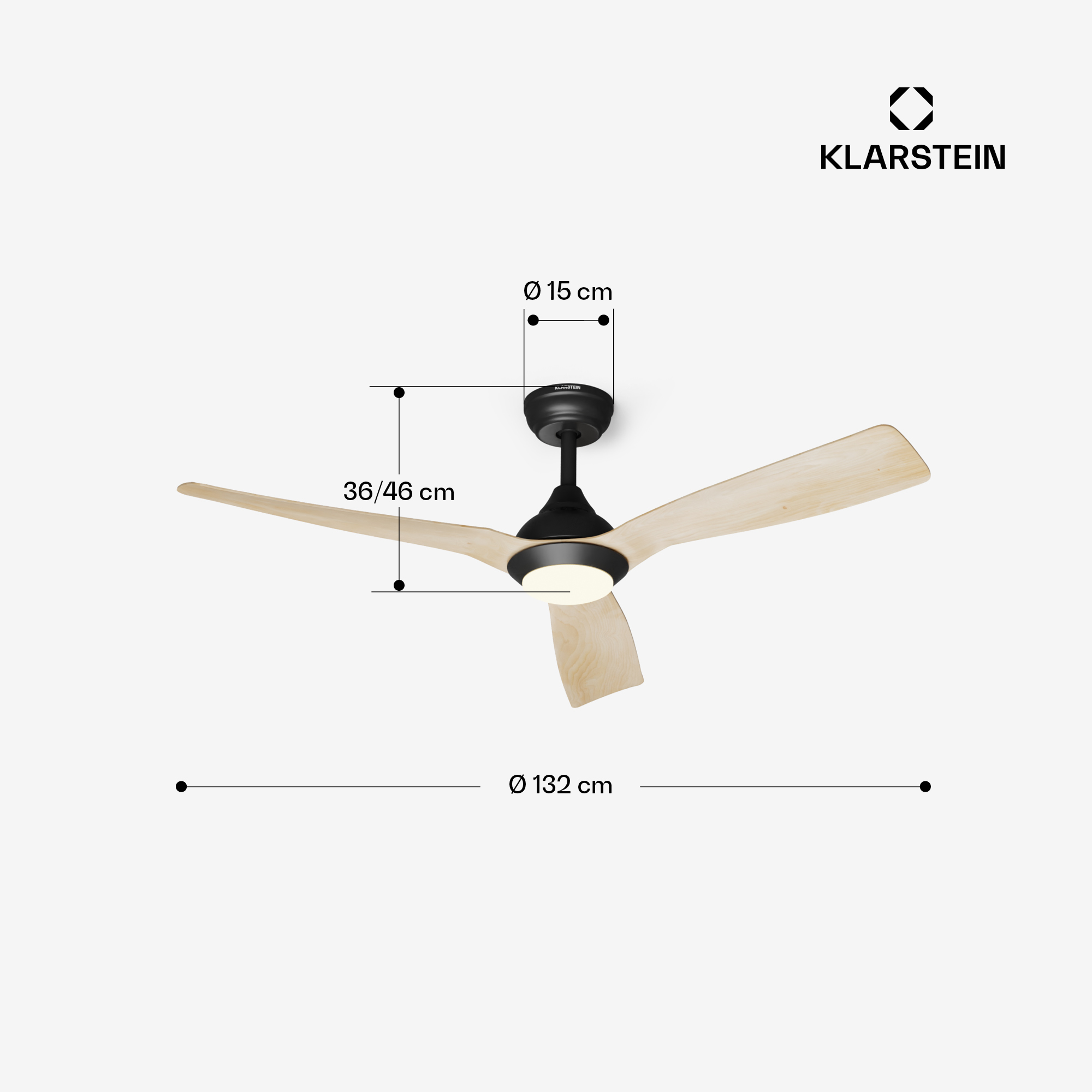 Deckenventilator mit Maßangaben, einschließlich schwarzem Motor und Licht.