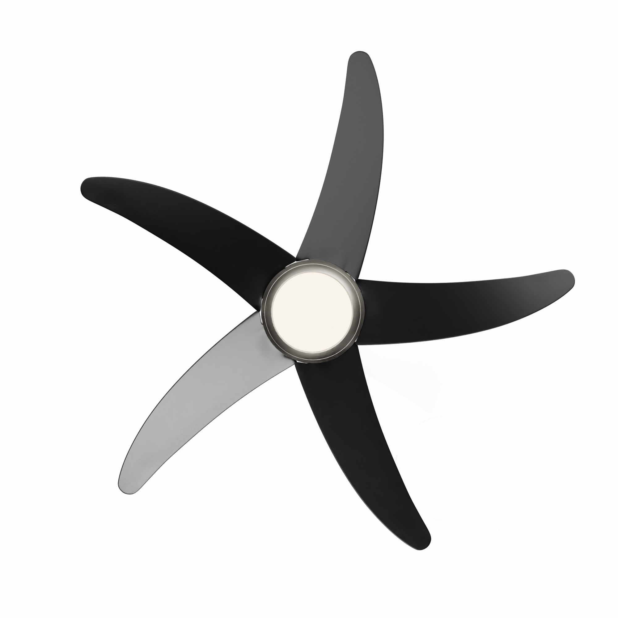 Ventilatore da soffitto, vista dall'alto, con pale nere e grigie, e luce centrale su bianco.