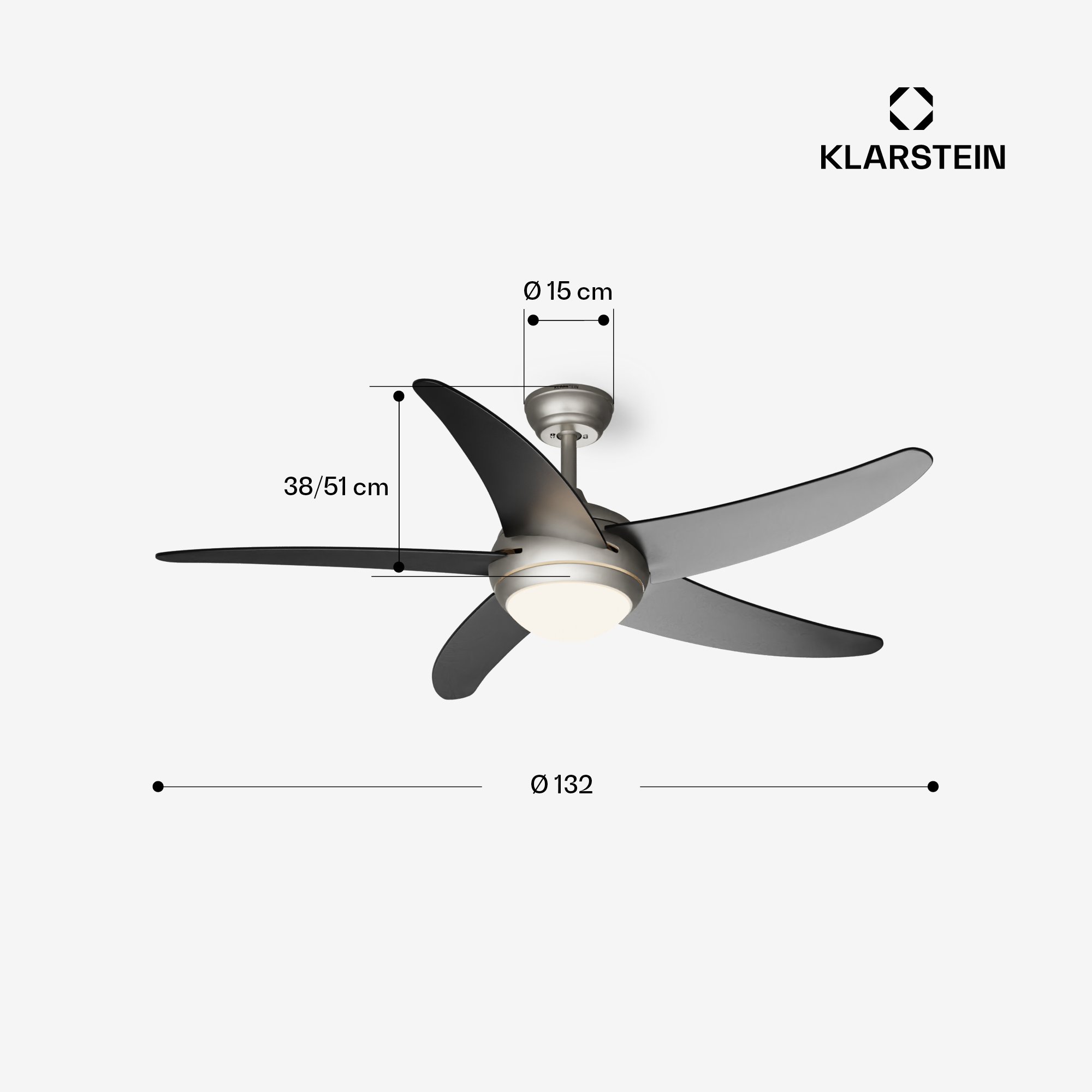 Ventilatore da soffitto, misure visualizzate, con pale nere e luce su sfondo bianco.
