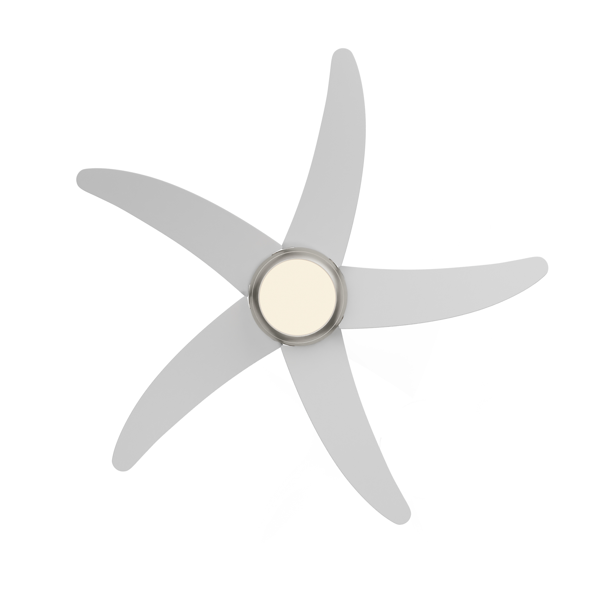 Deckenventilator, Draufsicht, mit weißen Flügeln und zentralem Licht auf Weiß.