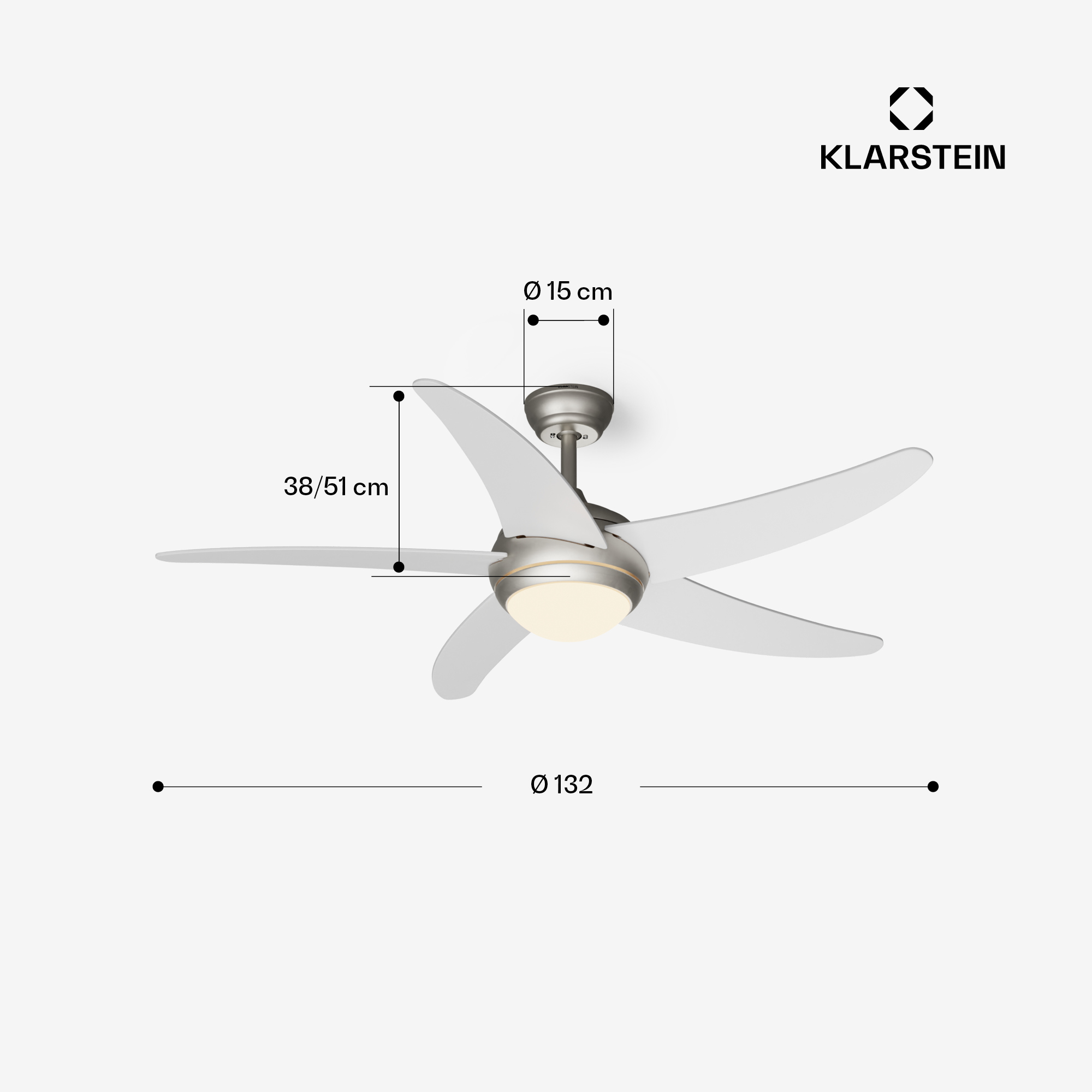 Deckenventilator, silberner Sockel, fünf weiße Blätter, Messdetails und Klarstein-Logo.