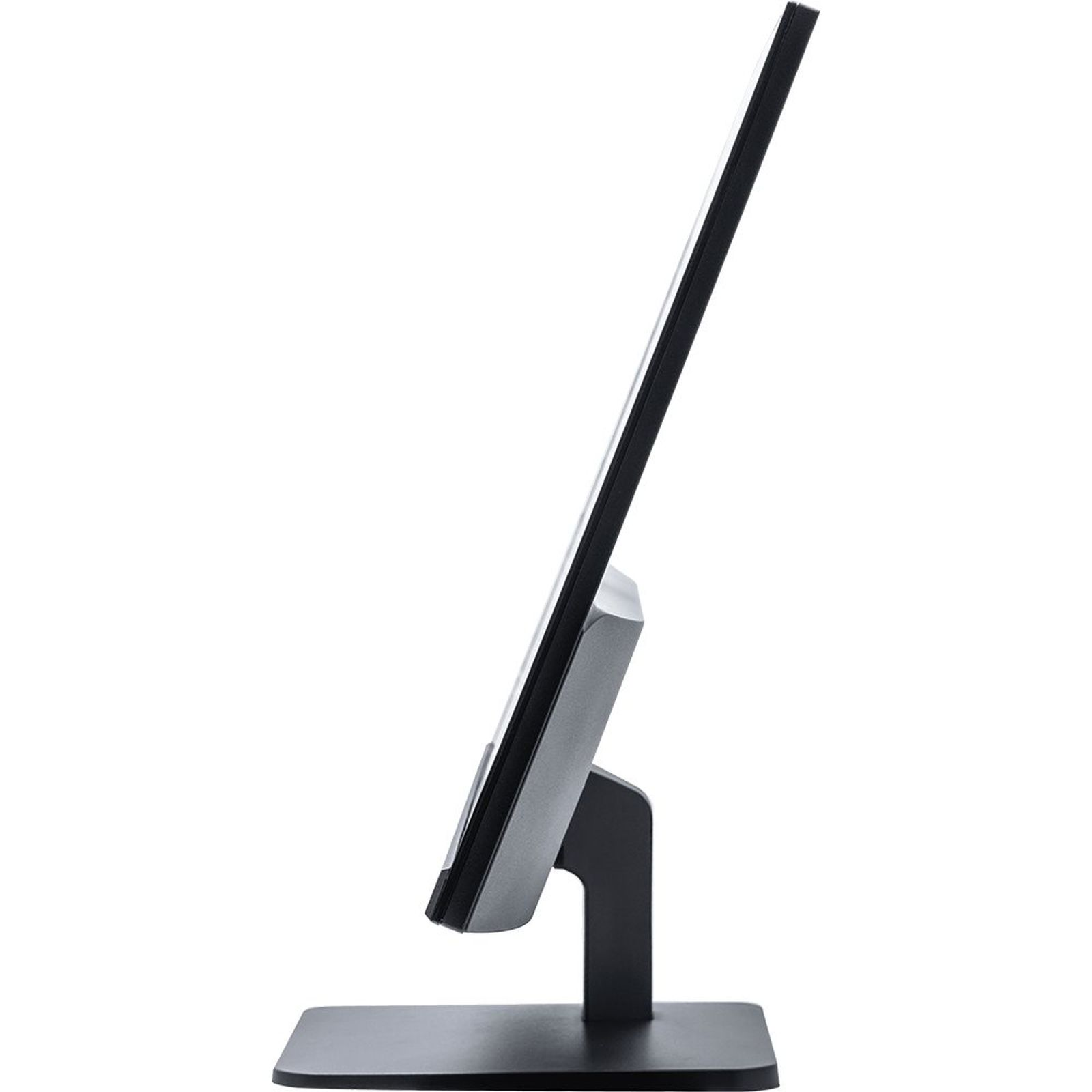 Widok z boku czarnego i szarego monitora komputera na stojaku.