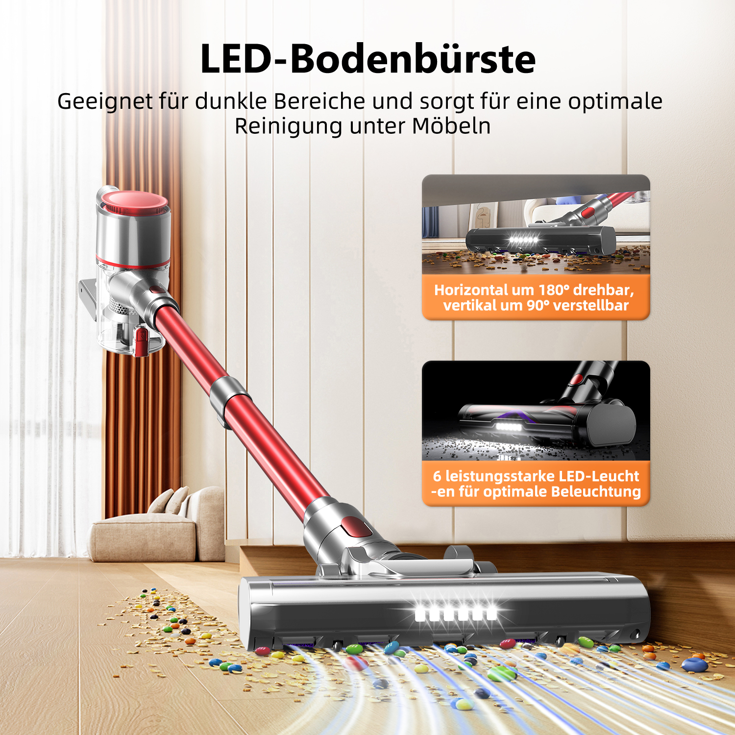 Staubsauger mit LED-Bodenbürste, der den Boden und unter Möbeln reinigt.