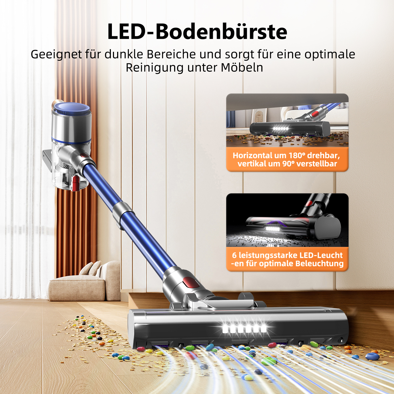 Staubsauger mit LED-Bodenbürste, der den Boden und unter Möbeln reinigt.