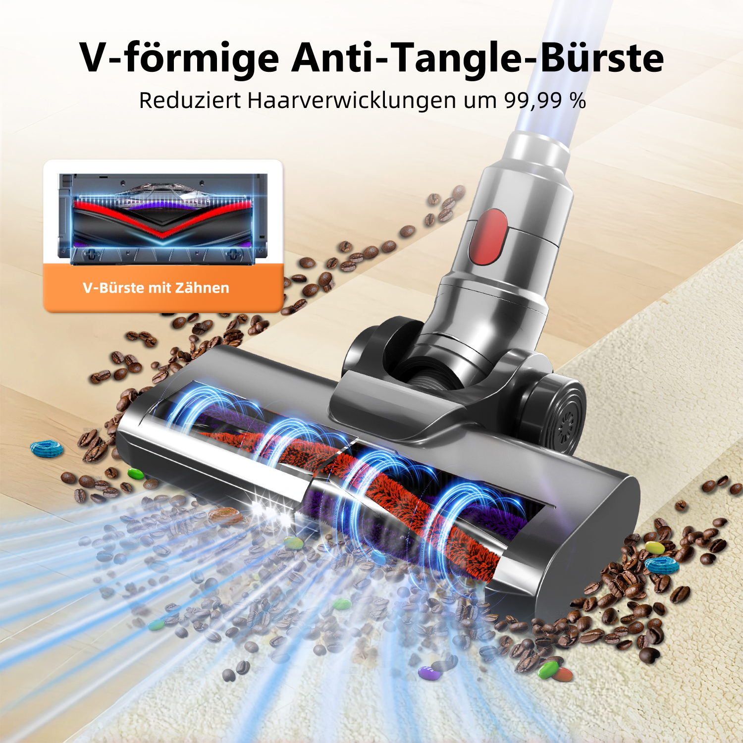 Staubsaugerkopf mit V-förmiger Bürste. Bild zeigt Bürste und Schmutz, den sie sammelt, mit blauem Lichteffekt.
