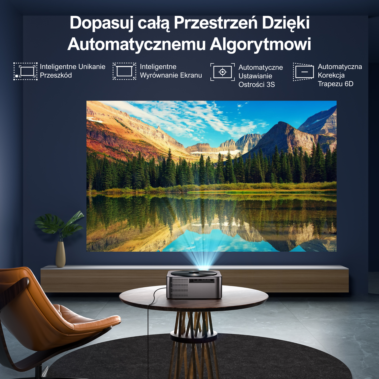 Projektor na stole wyświetlający scenę z górskim jeziorem, z tekstem: Dopasuj całą przestrzeń za pomocą automatycznego algorytmu.