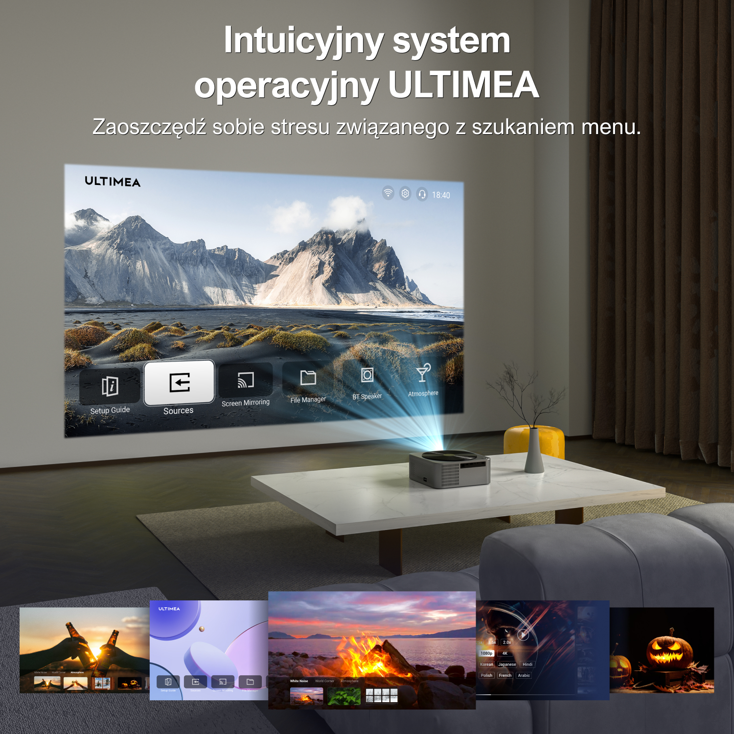 Projektor wyświetlający interfejs na ścianie. Tekst: Intuicyjny system operacyjny ULTIMEA. Poniżej szereg obrazów.