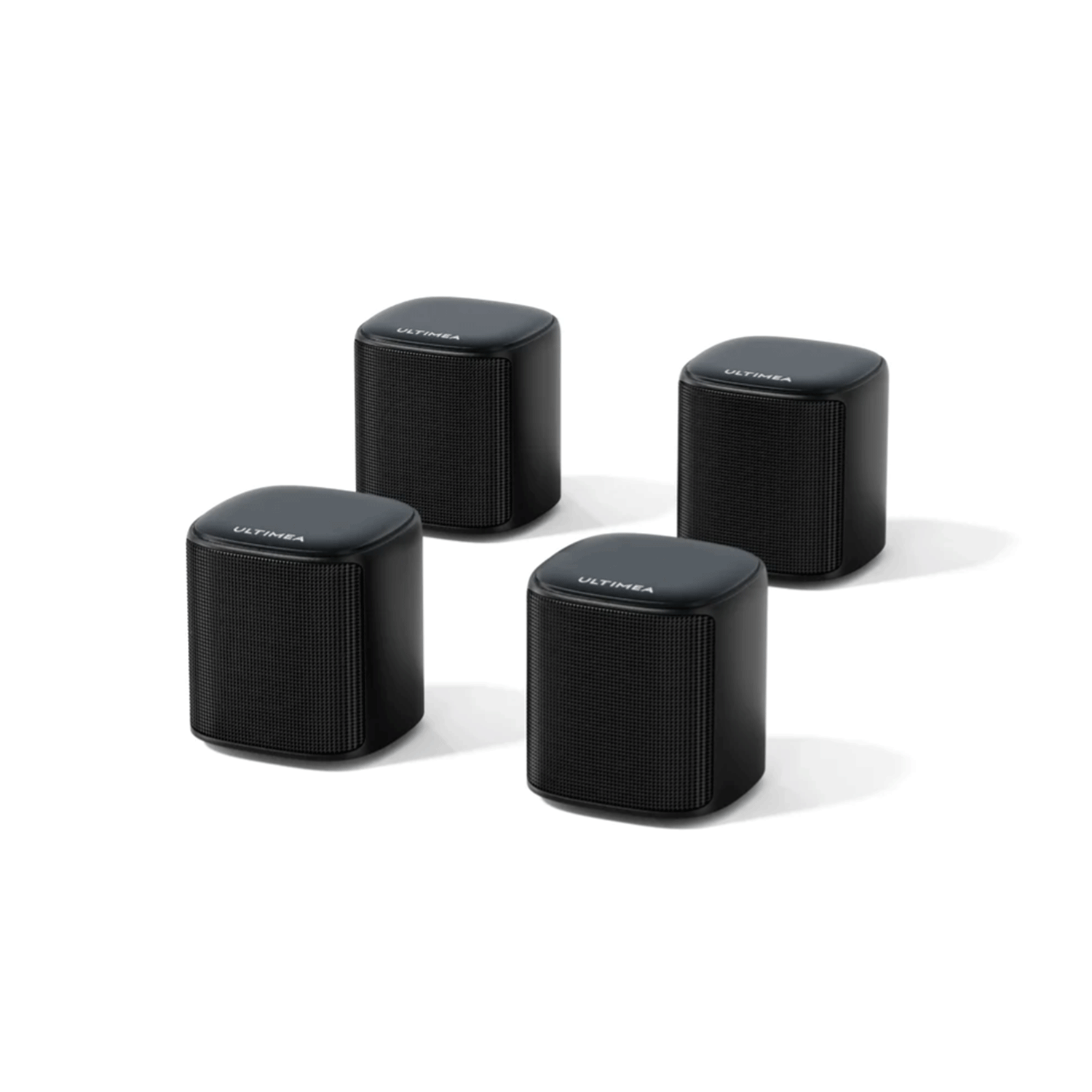 Cztery czarne głośniki Ultimea na białym tle. Cylindryczny kształt z siatką z przodu.