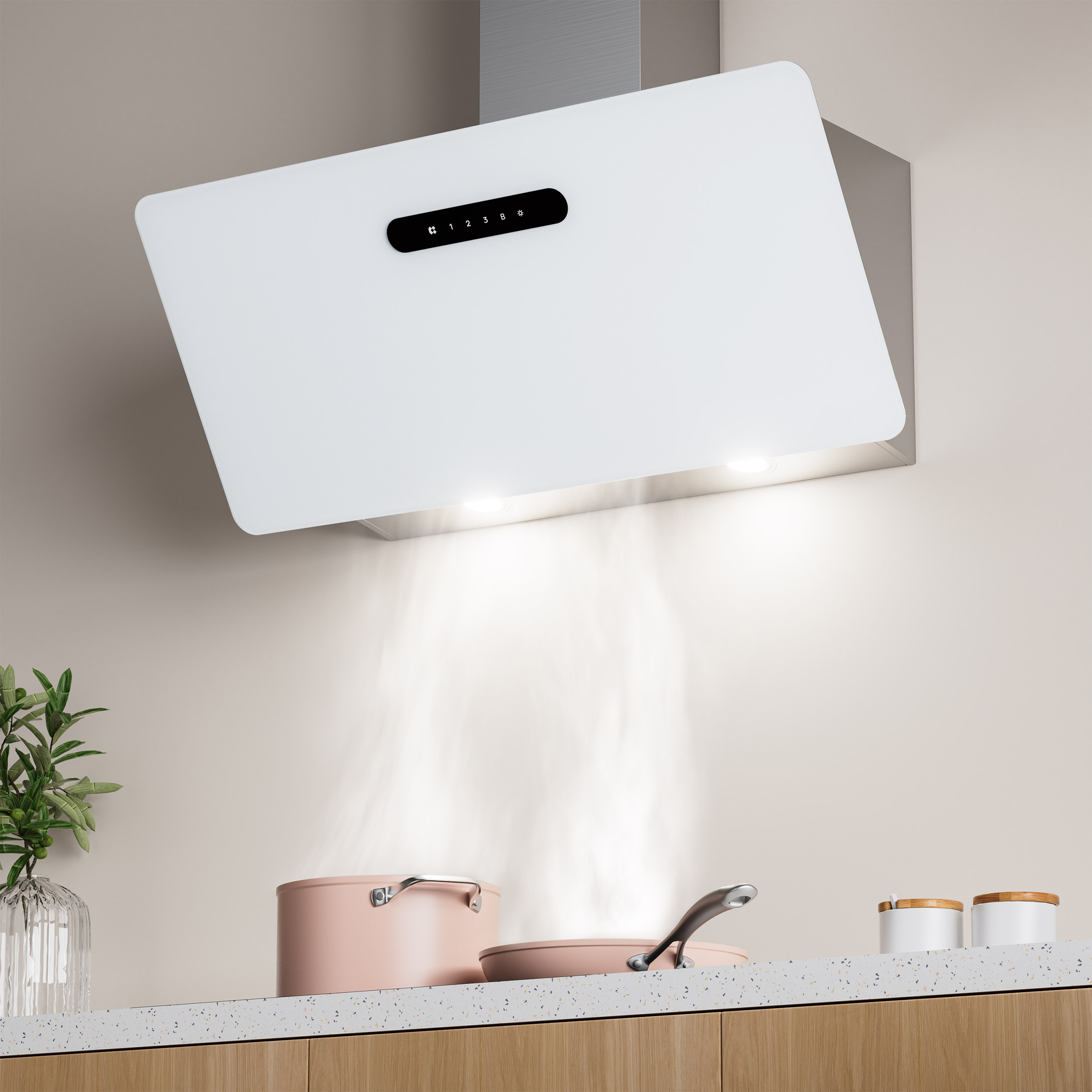 White range hood above a kitchen scene with a pink pot, a pan, and steam rising from cooking.