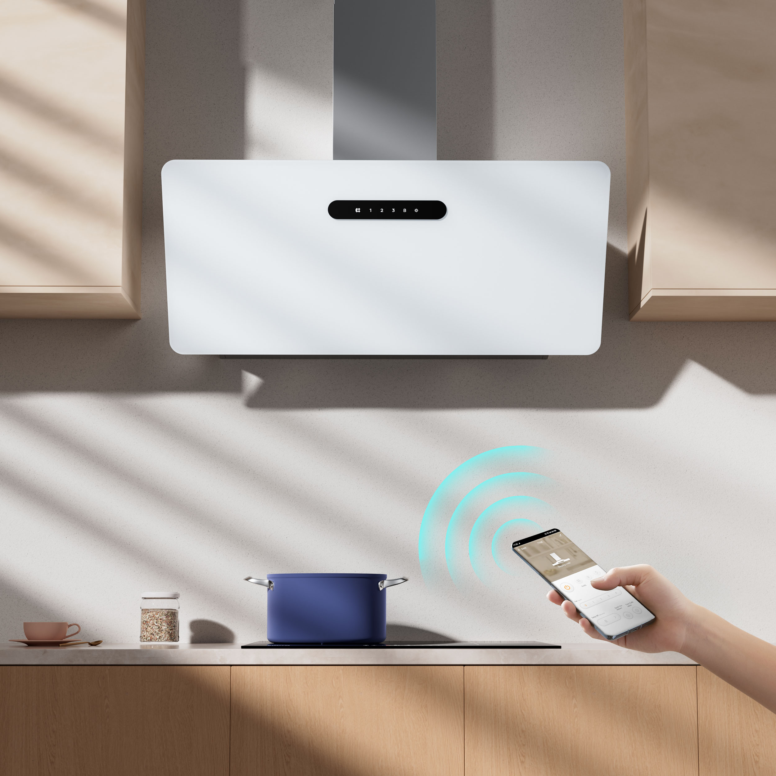 A person uses a smartphone to control a white range hood above a blue pot on a stovetop.