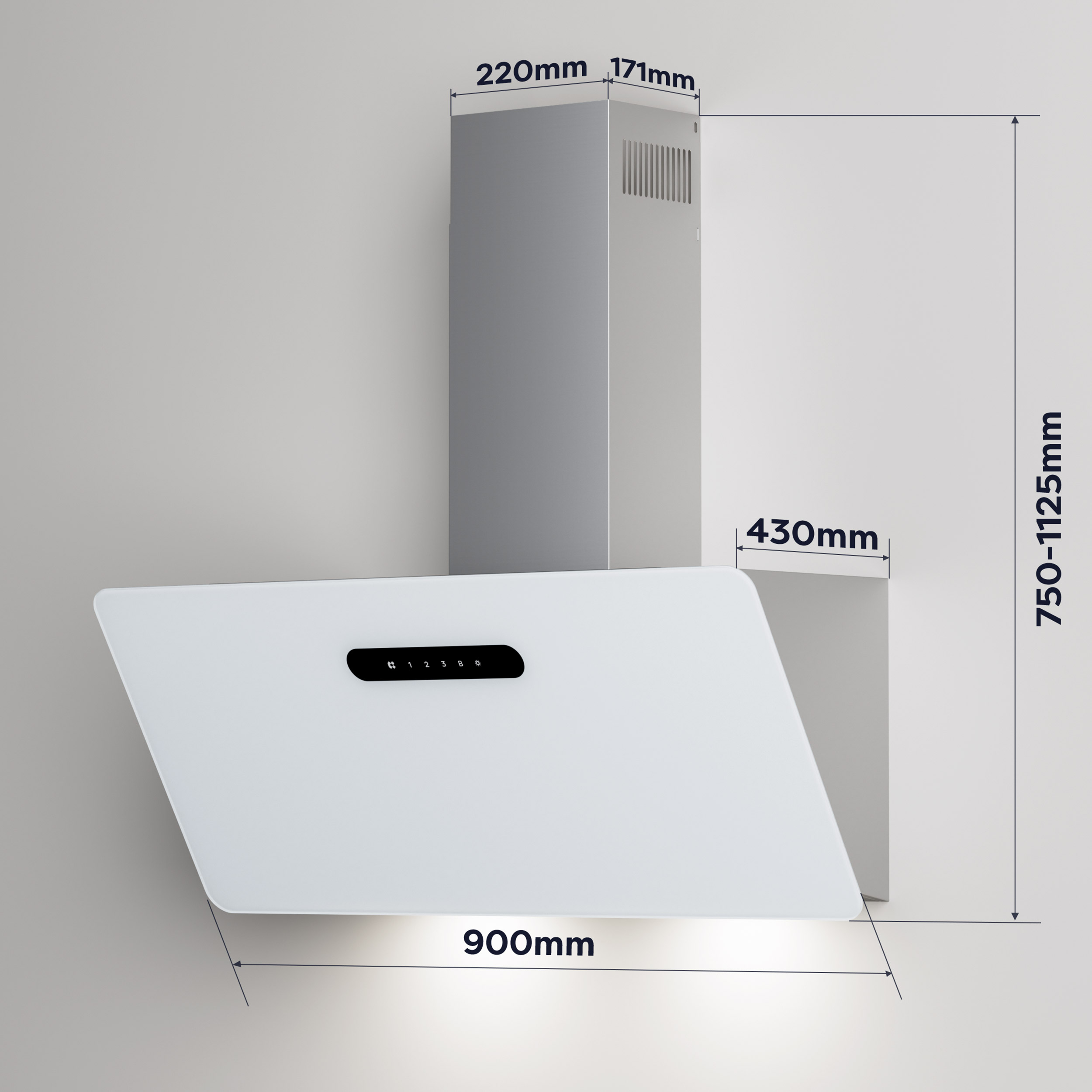 White range hood with dimensions: 900mm wide, 750-1125mm height, 220mm top width, and 430mm depth.