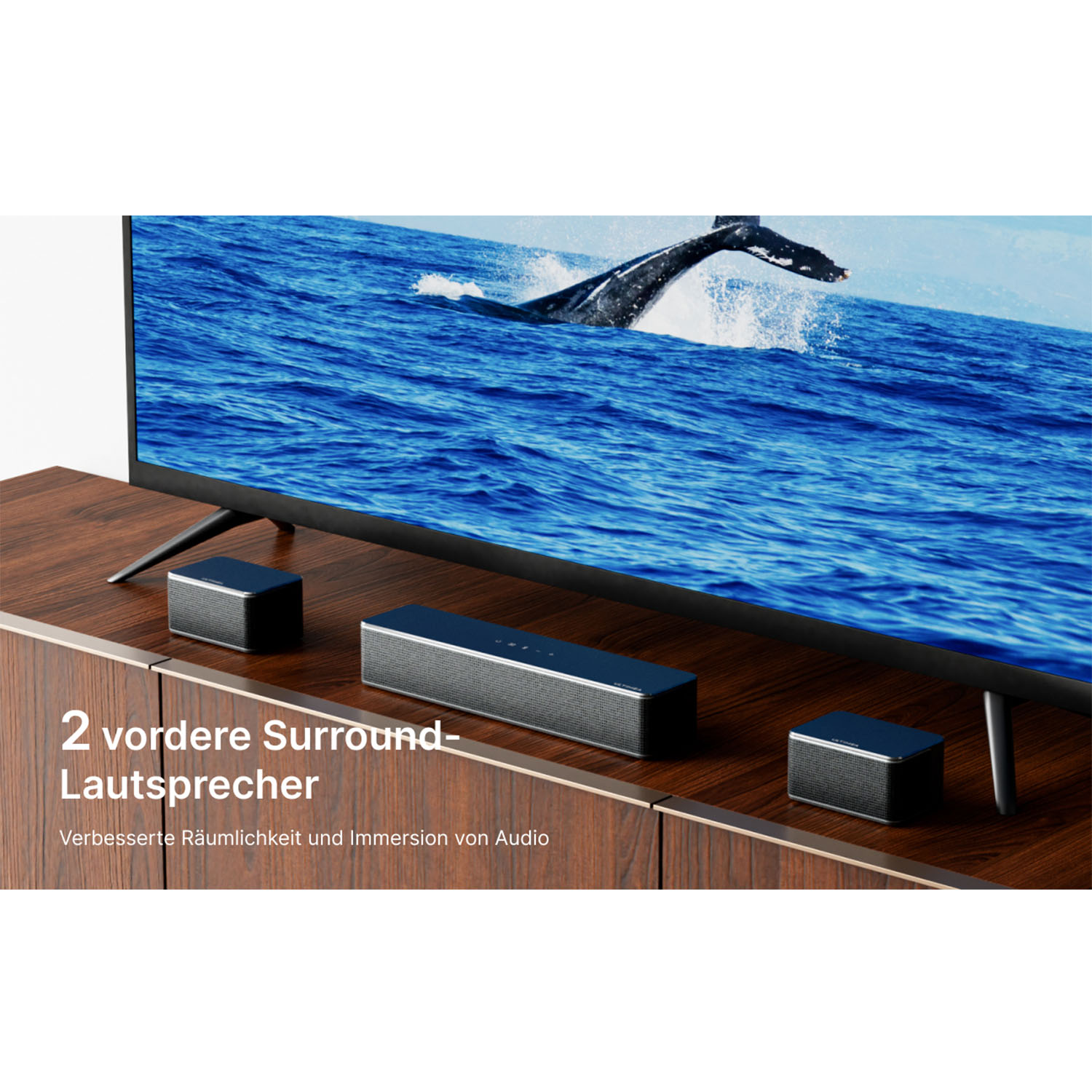Ein Fernsehbildschirm zeigt eine Szene im Ozean, darunter Lautsprecher. Walflosse sichtbar.