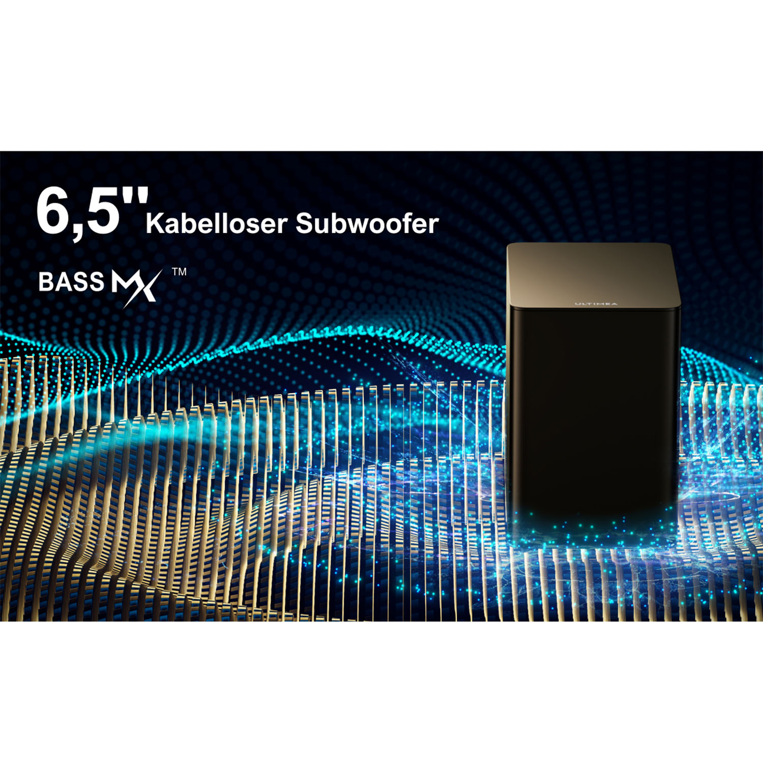 Schwarzer Subwoofer mit blau-goldenem digitalem Hintergrund, Produktaufnahme.