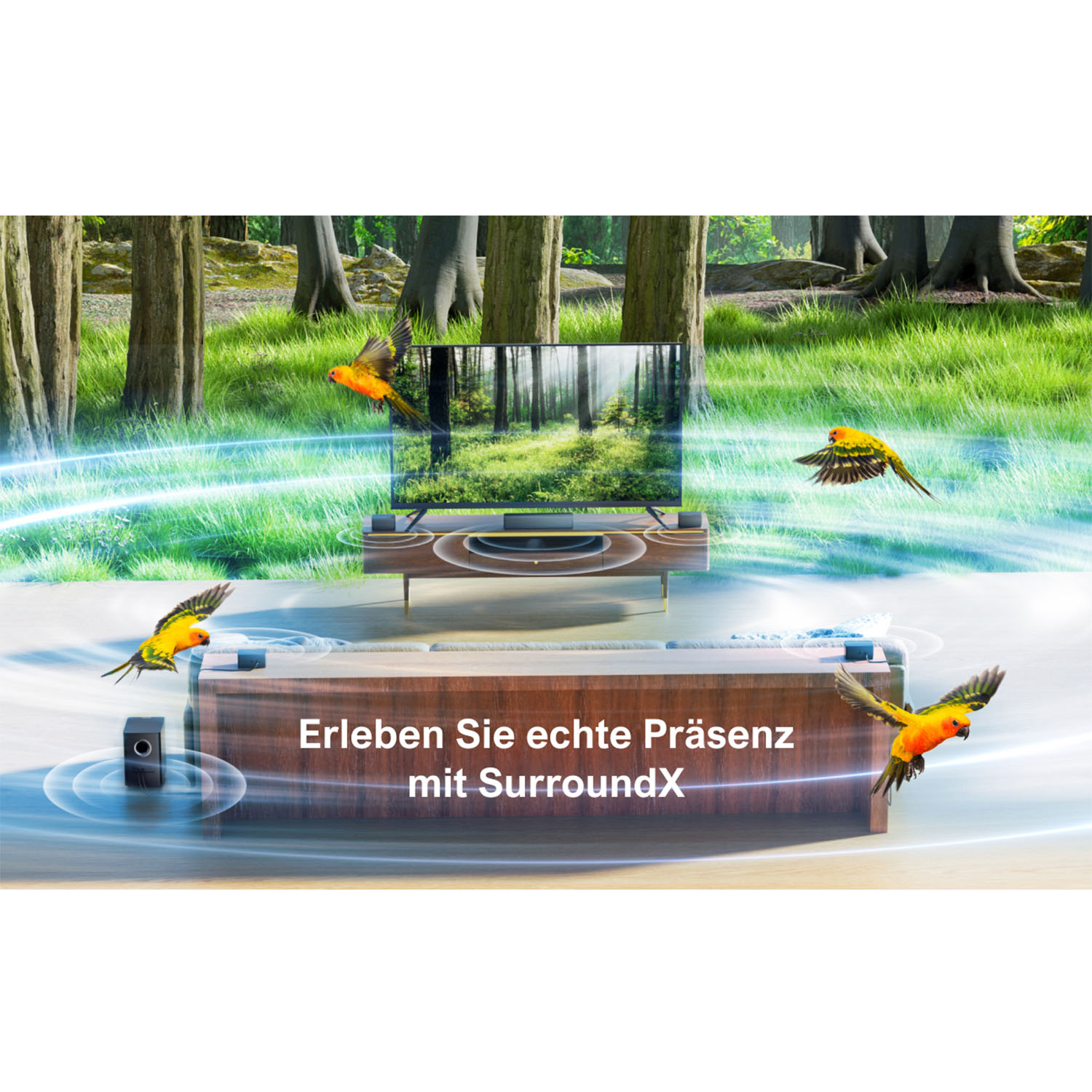 Fernseher im Wald, Papageien fliegen, mit Text 'Erleben Sie echte Präsenz mit SurroundX'.