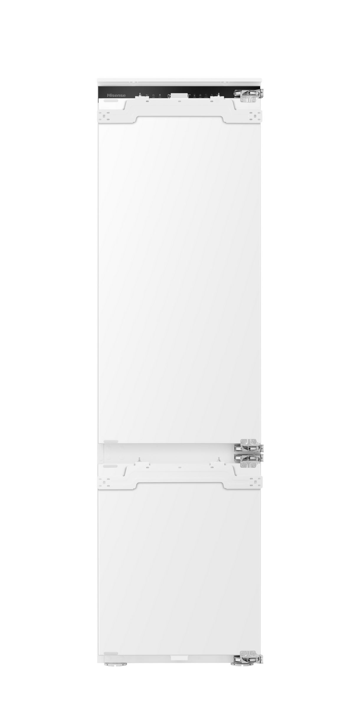Refrigerador empotrado blanco, un diseño alto y limpio con puerta cerrada.