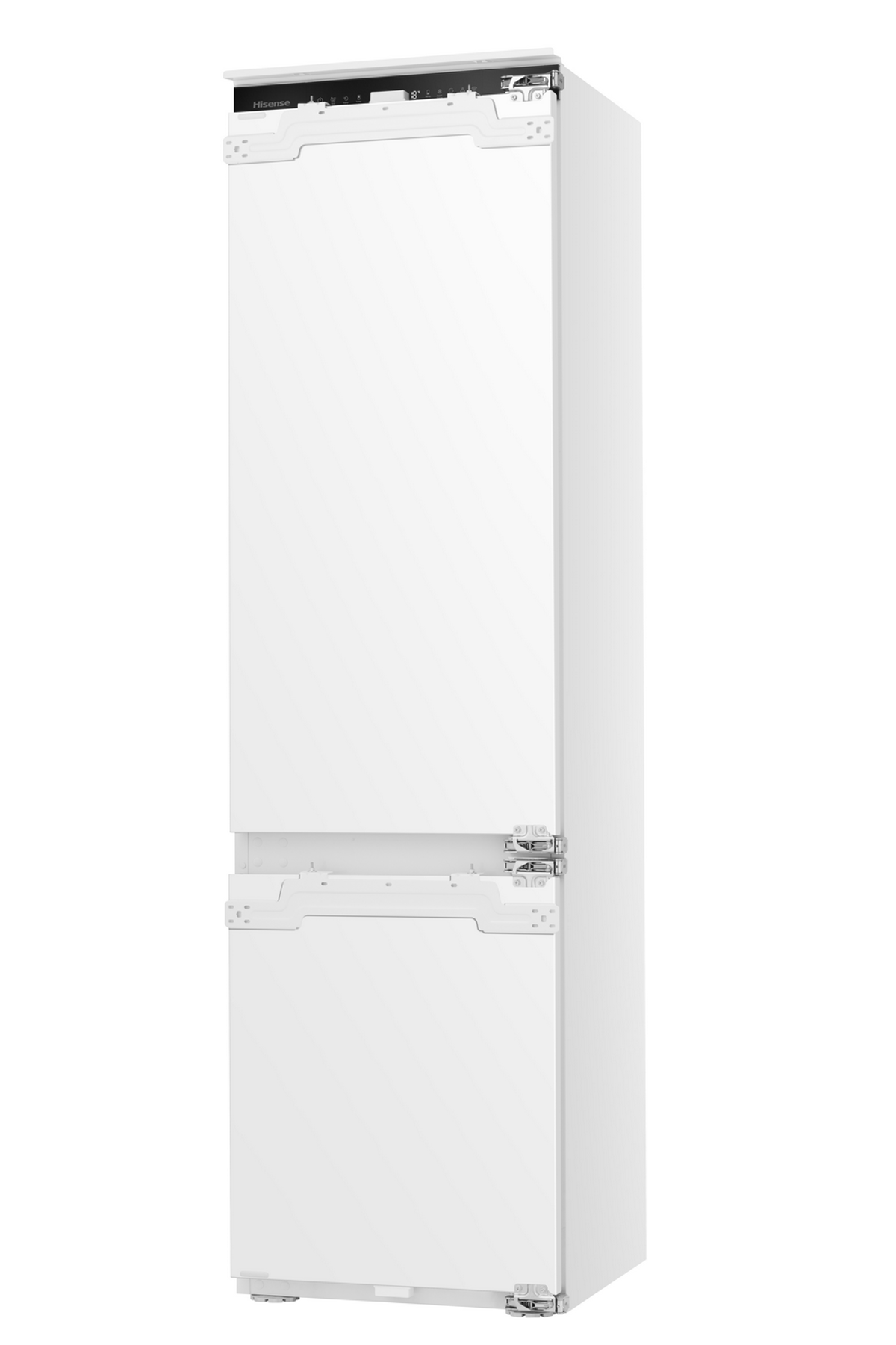 Refrigerador empotrado blanco, un diseño alto y limpio con puerta ligeramente abierta.