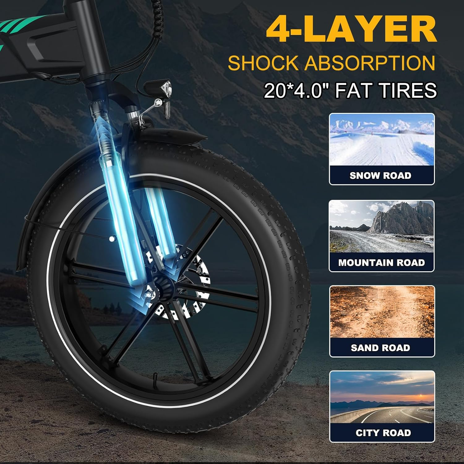 Zbliżenie na oponę e-bike i amortyzację. Pokazuje rodzaje dróg: śnieg, góry, piasek, miasto.