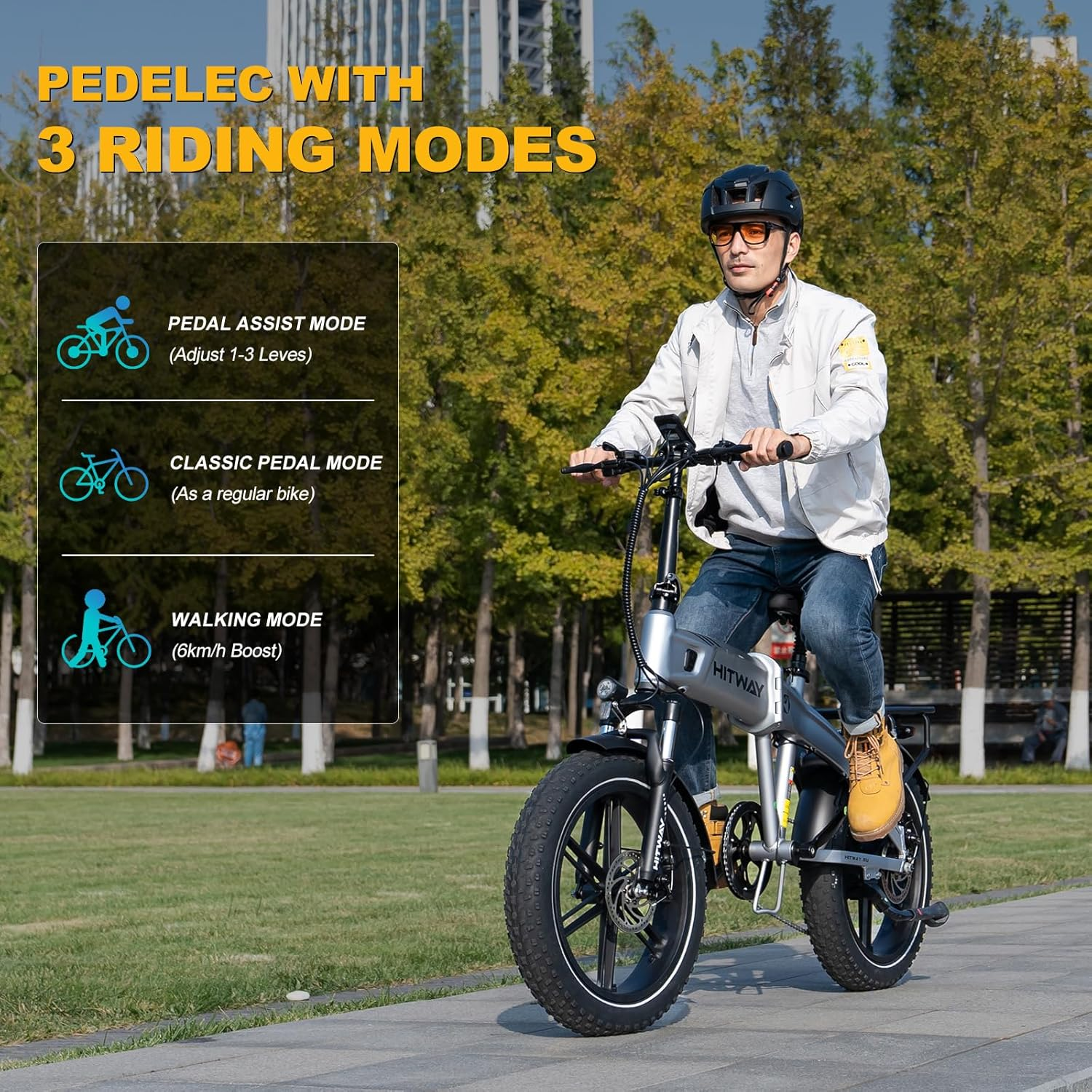 Mężczyzna na rowerze elektrycznym na ścieżce. 3 tryby: wspomaganie pedałowania, klasyczny pedał, tryb chodzenia.