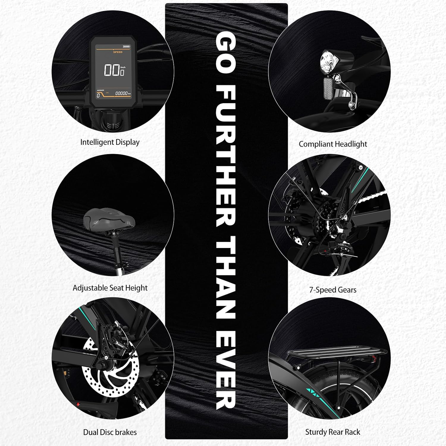 Rower elektryczny z inteligentnym wyświetlaczem, reflektorem, regulowanym siedzeniem, 7 biegami, hamulcami tarczowymi i bagażnikiem.