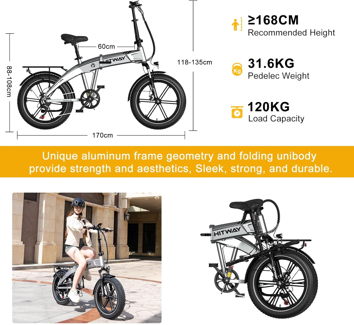 E-bike: Wymiary, pomiary i specyfikacje. Obejmuje kobietę na rowerze.