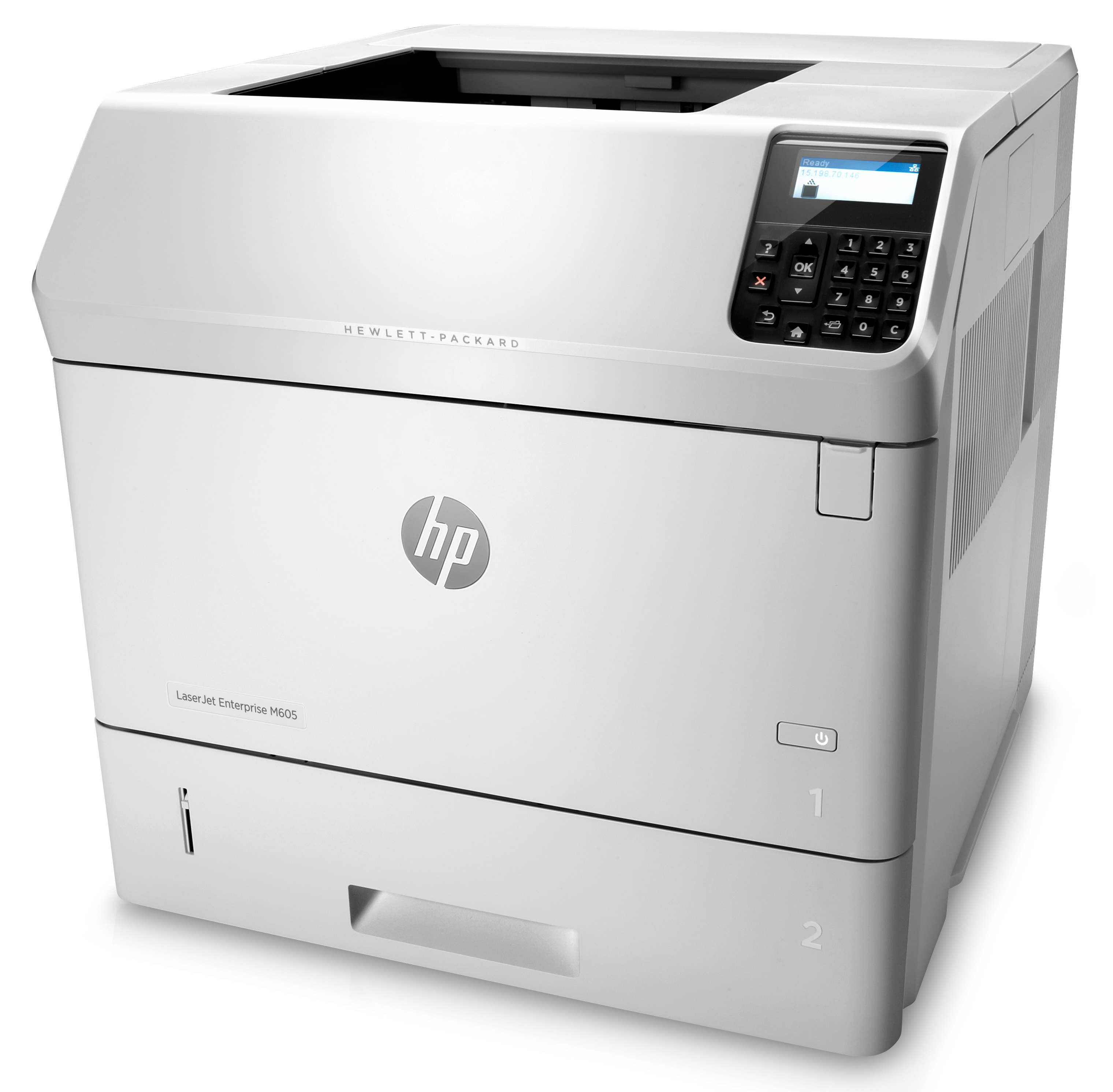 Stampante HP bianca. LaserJet Enterprise M605 con schermo e vassoi numerati. Vista frontale.