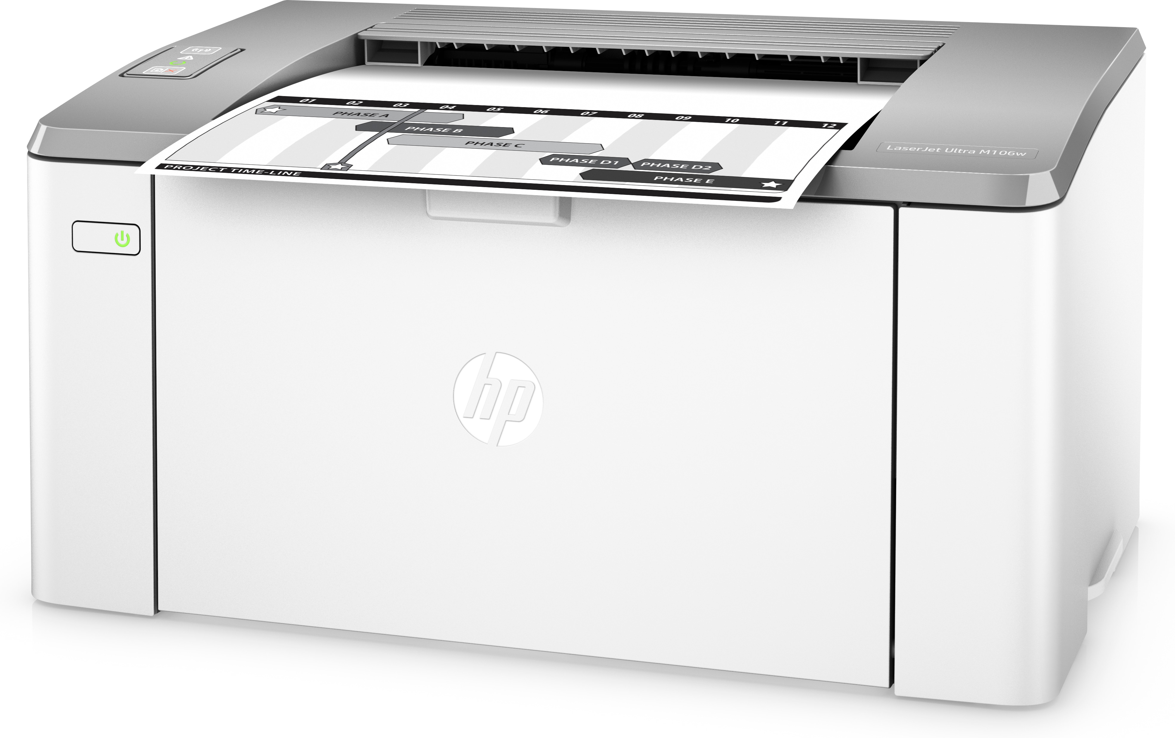 Ein HP LaserJet Ultra M106w Drucker. Weiß mit grauem Oberteil, ein Dokument wird gedruckt.