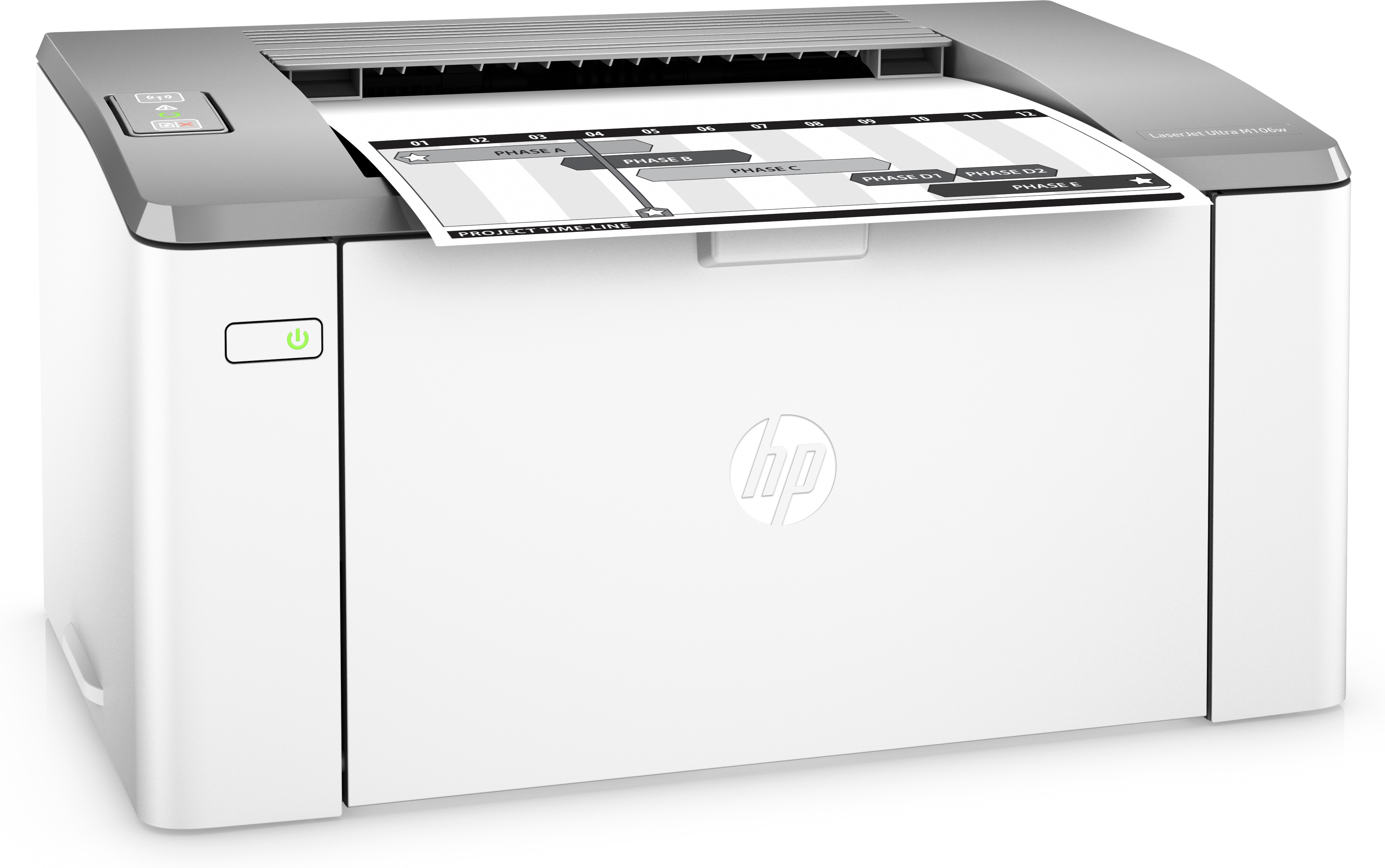 Ein weißer HP-Drucker druckt einen Projektzeitplan. Der Drucker steht auf weißem Untergrund.