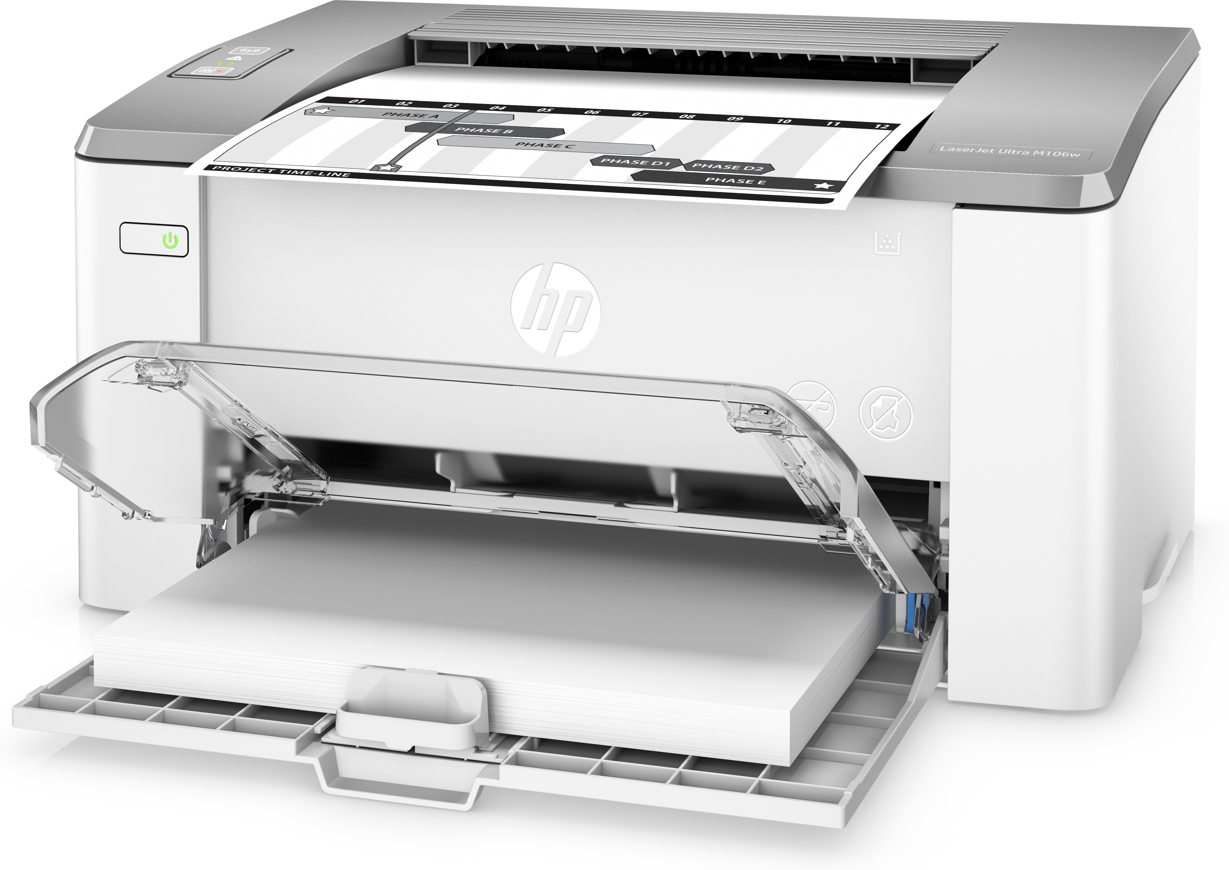 Weißer HP-Drucker mit geöffnetem Papierausgabefach. Ein gedrucktes Dokument liegt im Fach.