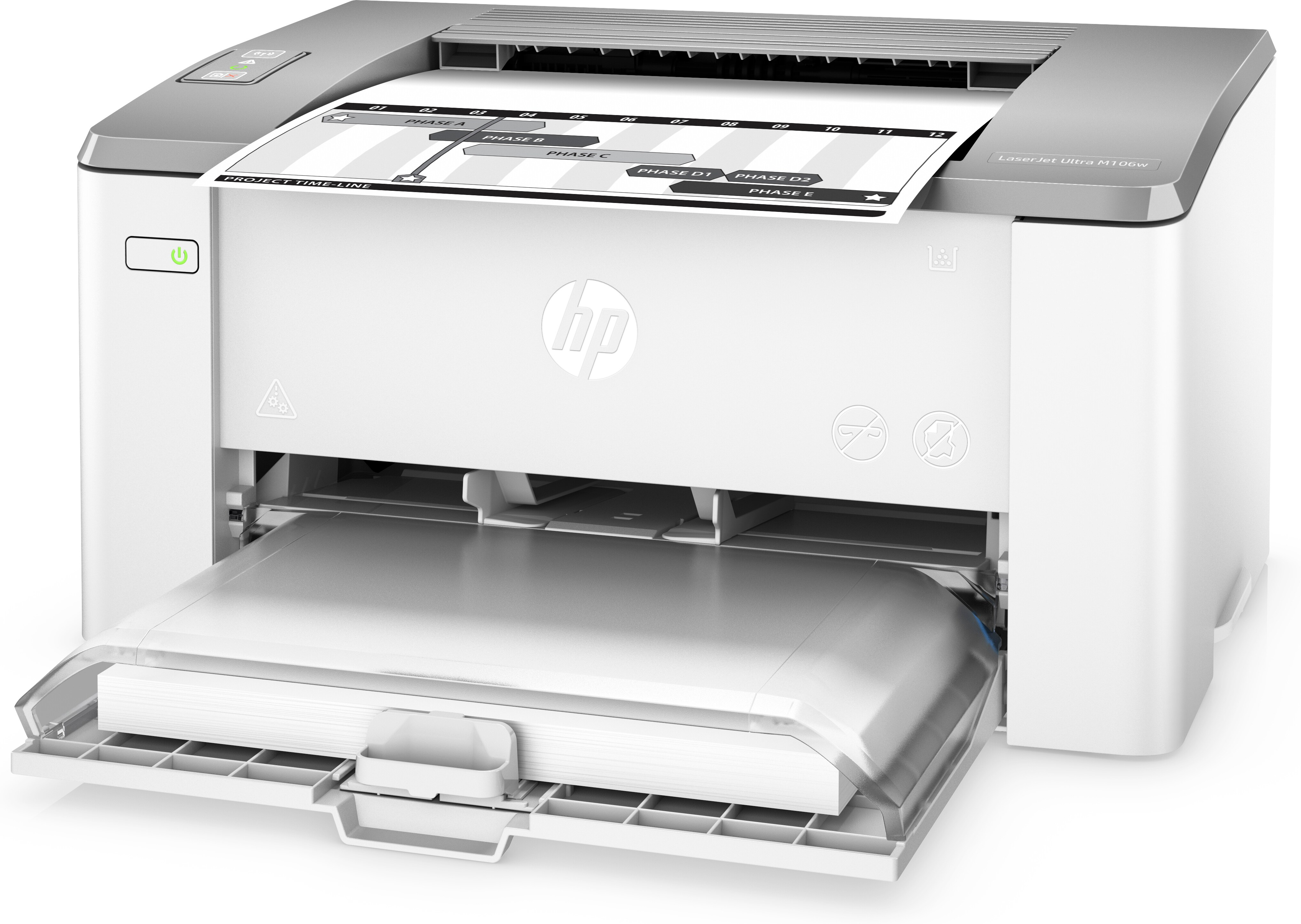 Ein HP LaserJet Ultra M106w Drucker mit geöffnetem Papierfach. Druckt einen Projektzeitplan.