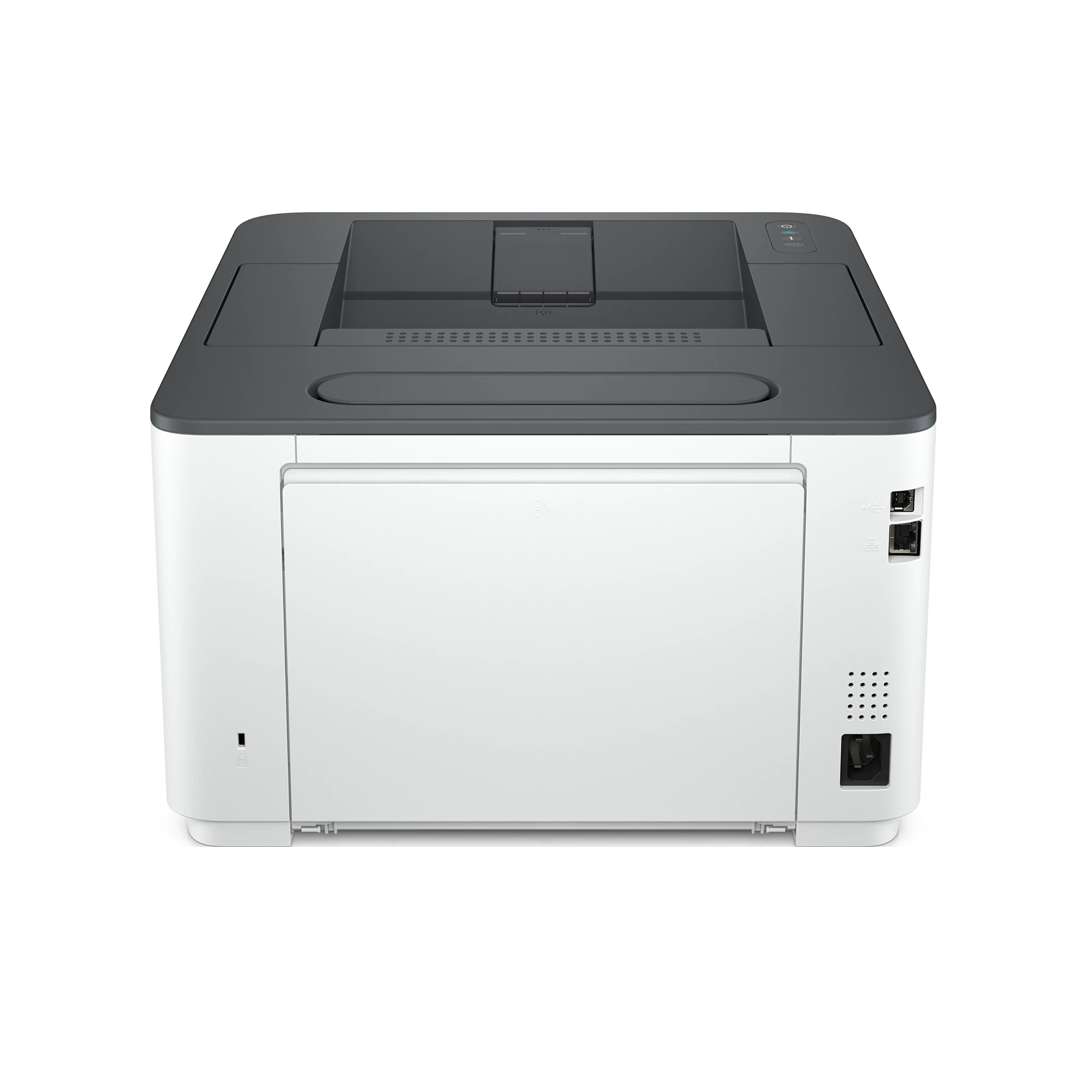 Stampante bianca con parte superiore grigia. Vista posteriore con porte di alimentazione e USB. Sfondo bianco.