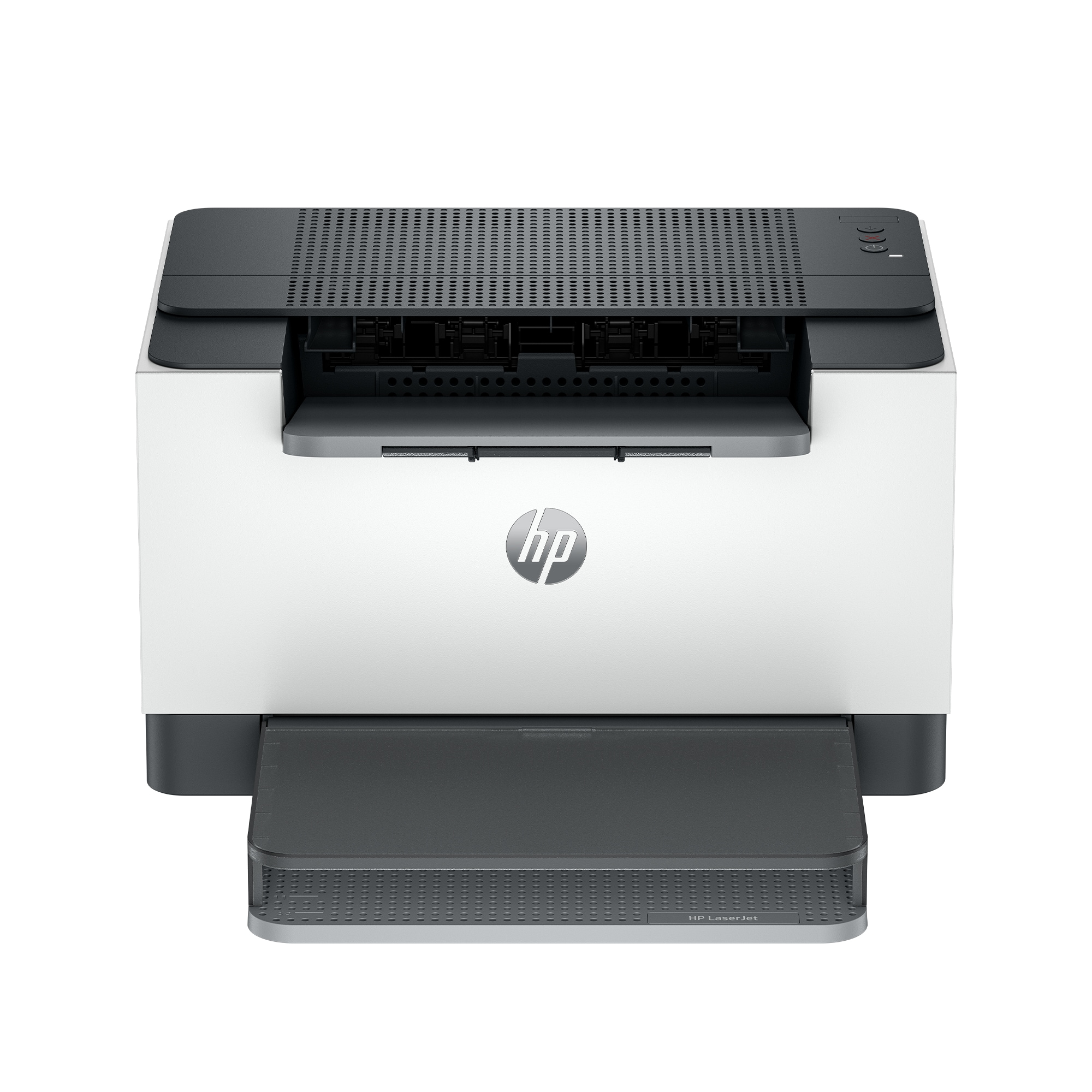 Impresora blanca con detalles negros, logo HP y bandeja de papel extendida. Vista superior.