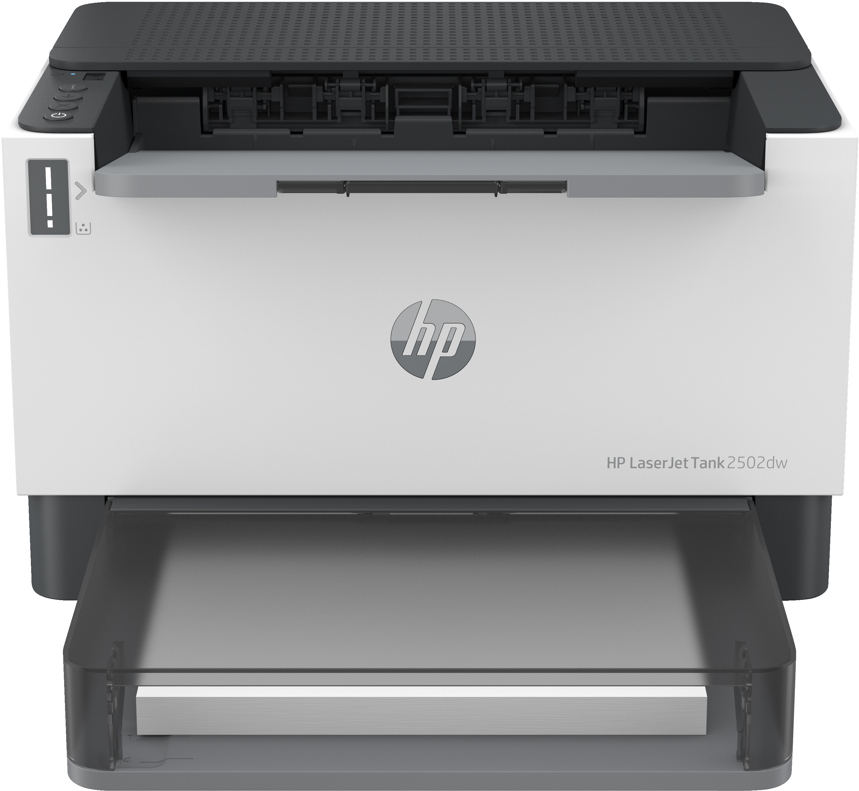 Beyaz HP Laser Jet Tank 2502dw yazıcı. Kağıt tepsisi aşağıda görülebilir.