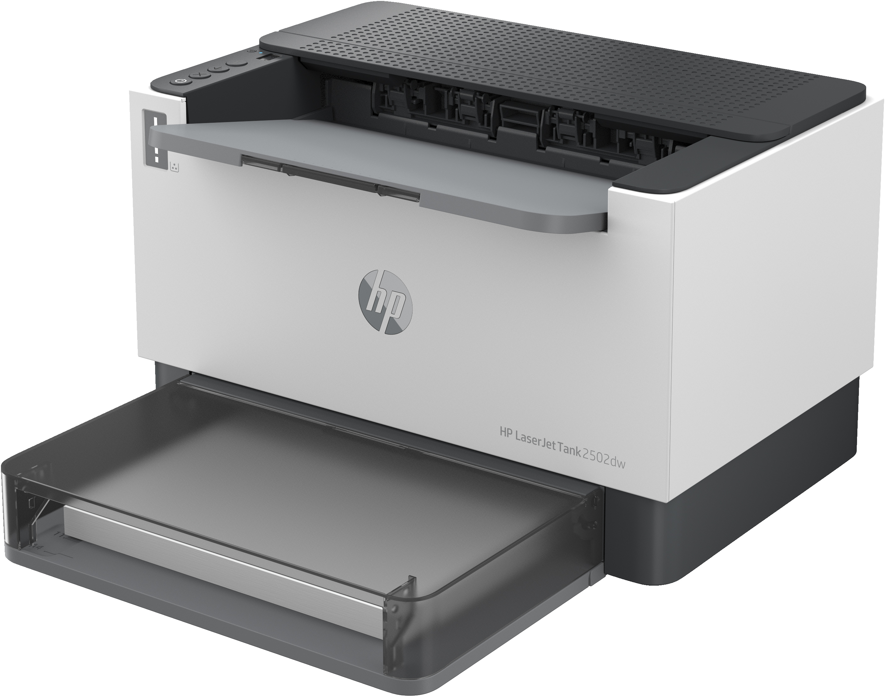 Siyah üstü olan beyaz ve gri HP Laserjet Tank 2502dw yazıcı. Kağıt tepsisi açık.