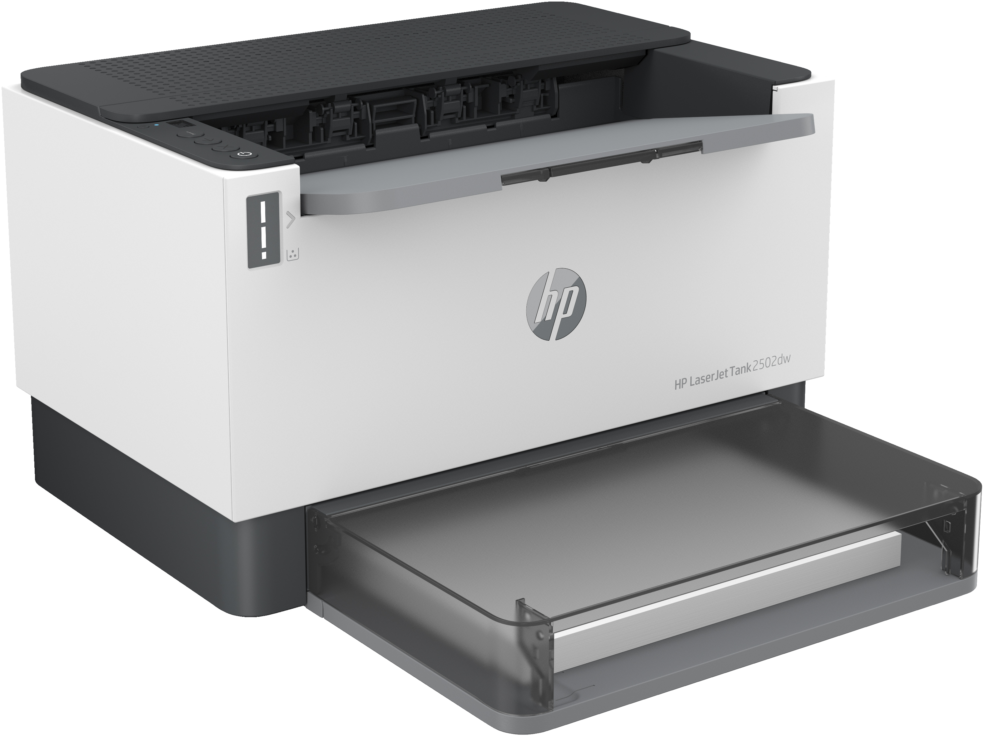 Siyah üstü olan beyaz ve gri HP Laserjet Tank 2502dw yazıcı. Kağıt tepsisi açık.