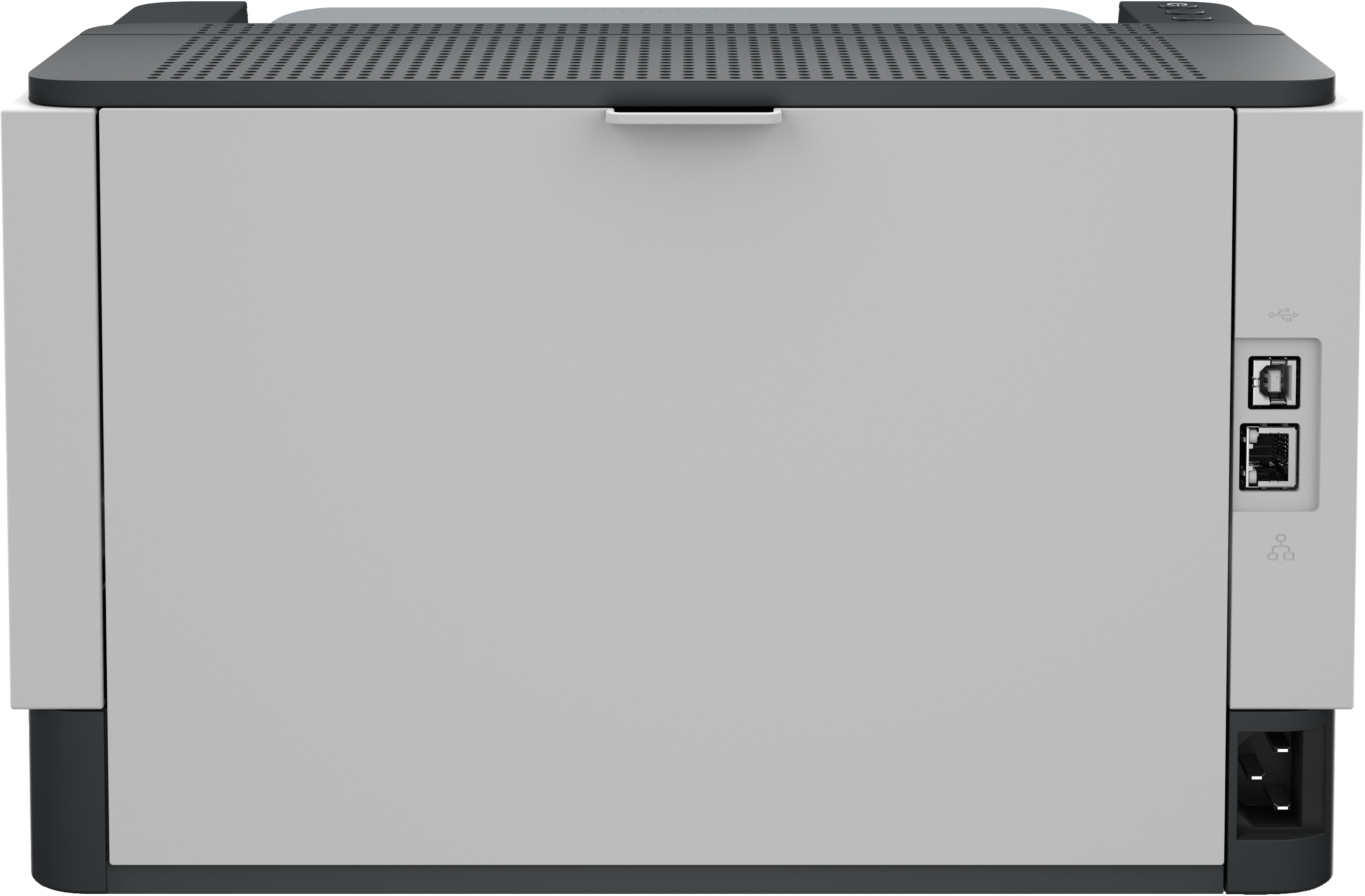 USB ve ağ bağlantı noktaları, güç kablosu girişi olan bir yazıcının arkası. Yazıcı açık gri.
