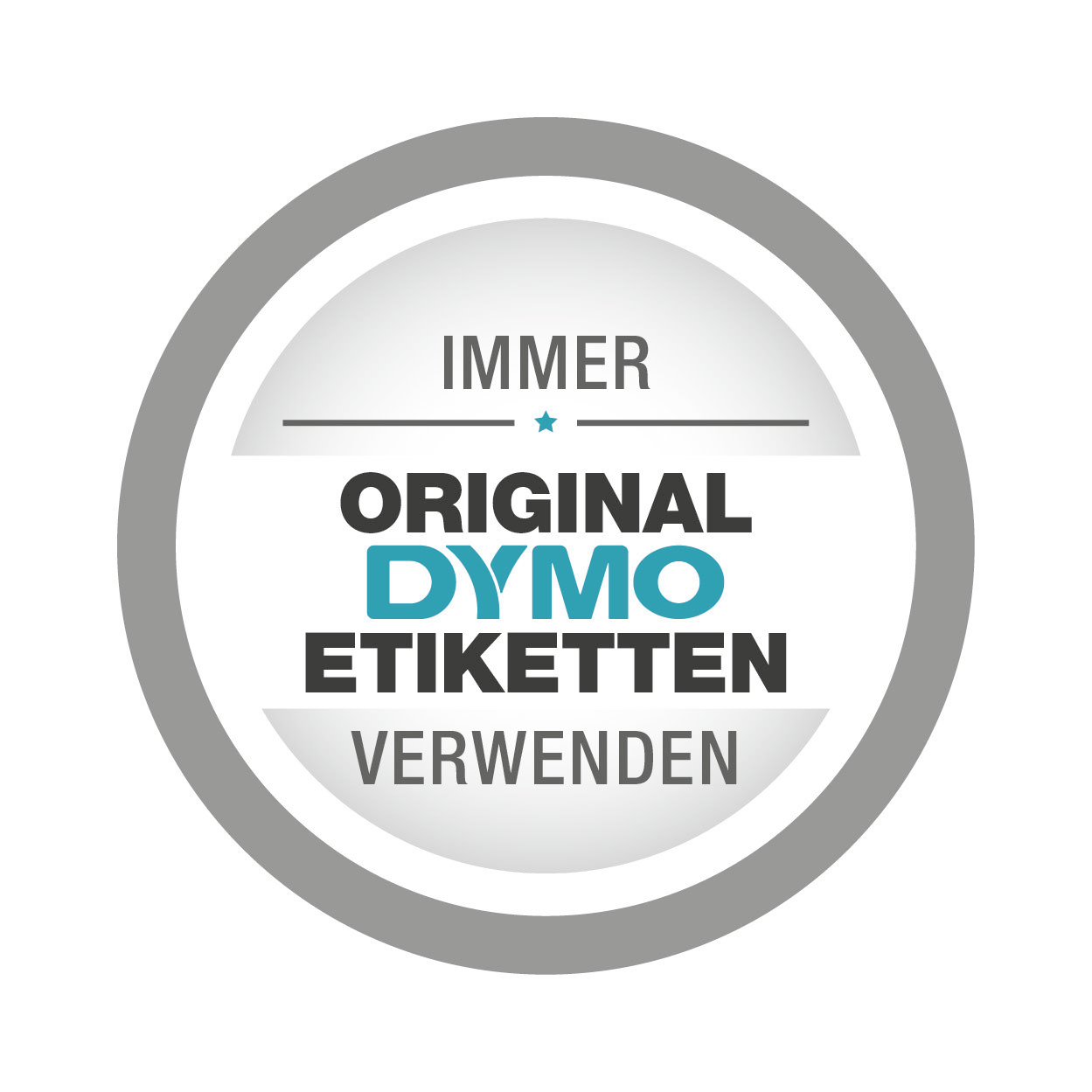 Okrągła, szara i biała naklejka z napisem: 'ORIGINAL DYMO ETIKETTEN VERWENDEN'.