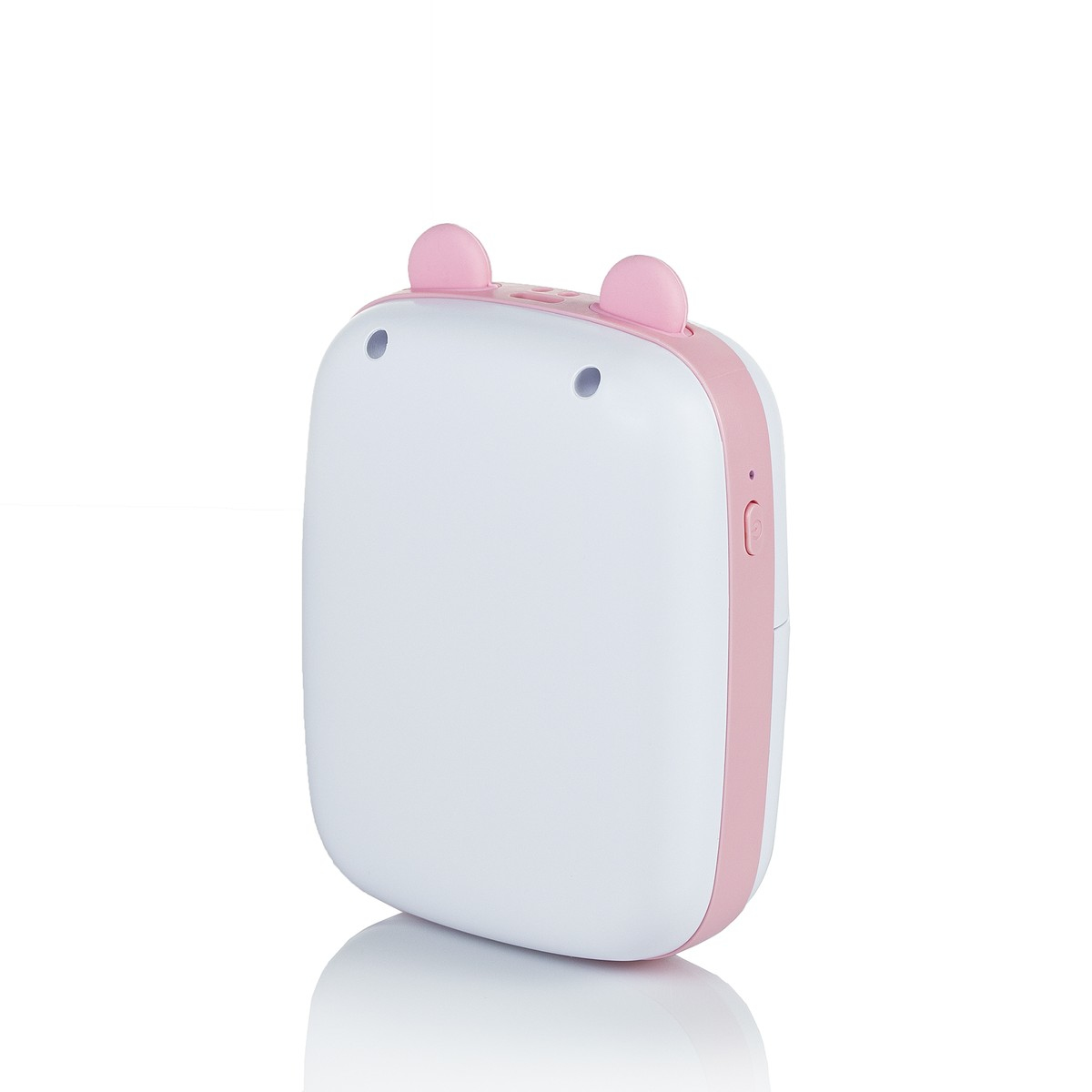Biało-różowa przenośna drukarka z uszami misia. Ma przycisk zasilania i jest na białej powierzchni.